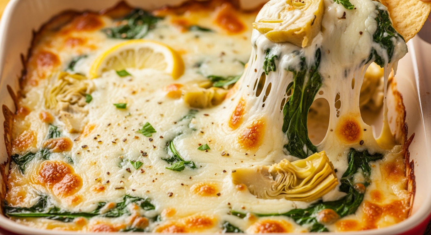 A golden-brown, bubbling hot spinach artichoke dip in a ceramic baking dish, with melted cheese creating an irresistible stretchy pull as someone lifts a portion with a tortilla chip. The creamy, rich dip shows vibrant green spinach leaves and tender artichoke pieces nestled in a luxurious blend of