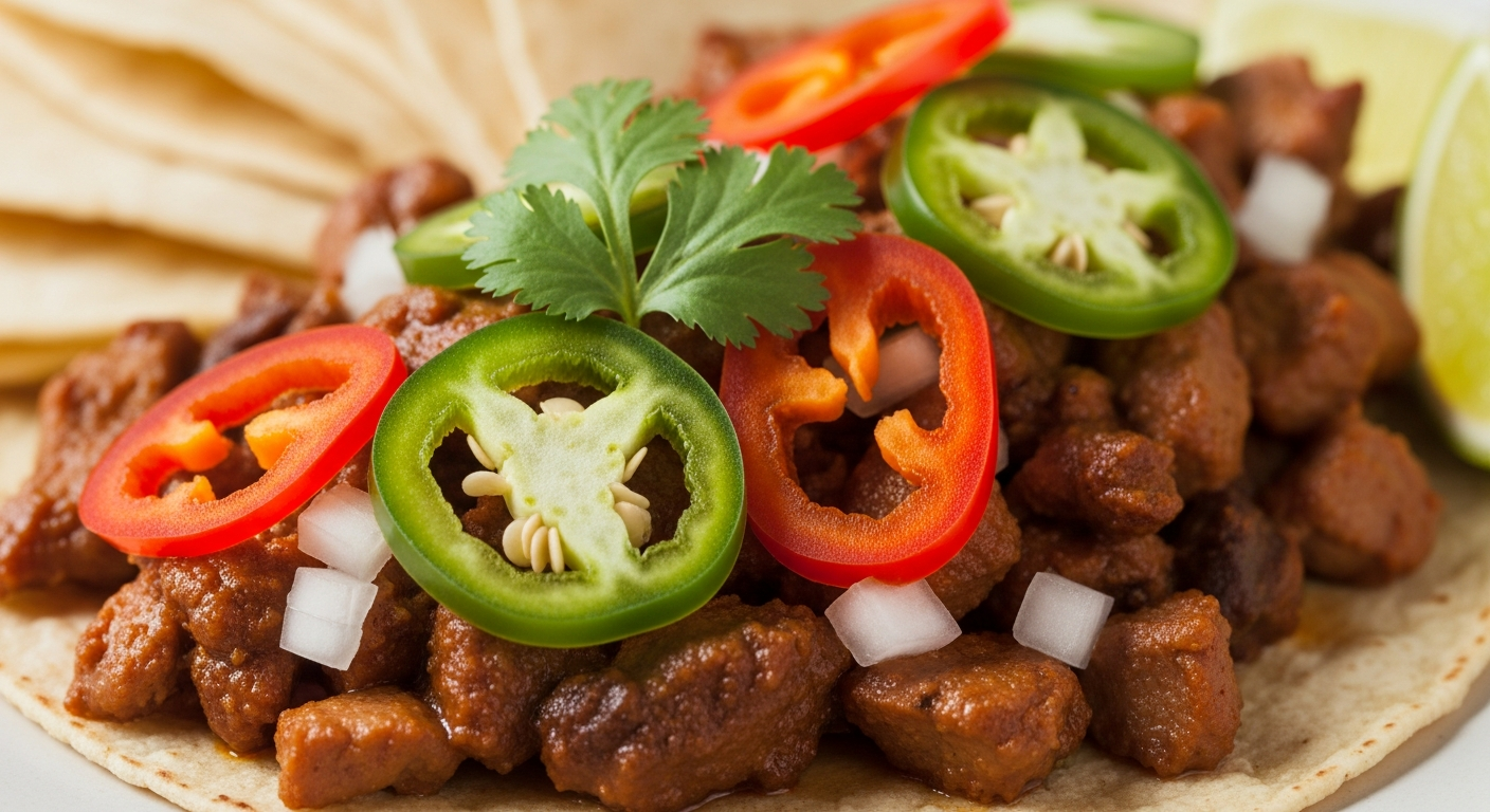A bubbling cast iron skillet filled with golden melted cheese stretches and pools around crumbled, ruby-red chorizo sausage that's perfectly browned and glistening. Steam rises from the molten mixture as warm flour tortillas and crispy tortilla chips surround the skillet on a rustic wooden table. Th