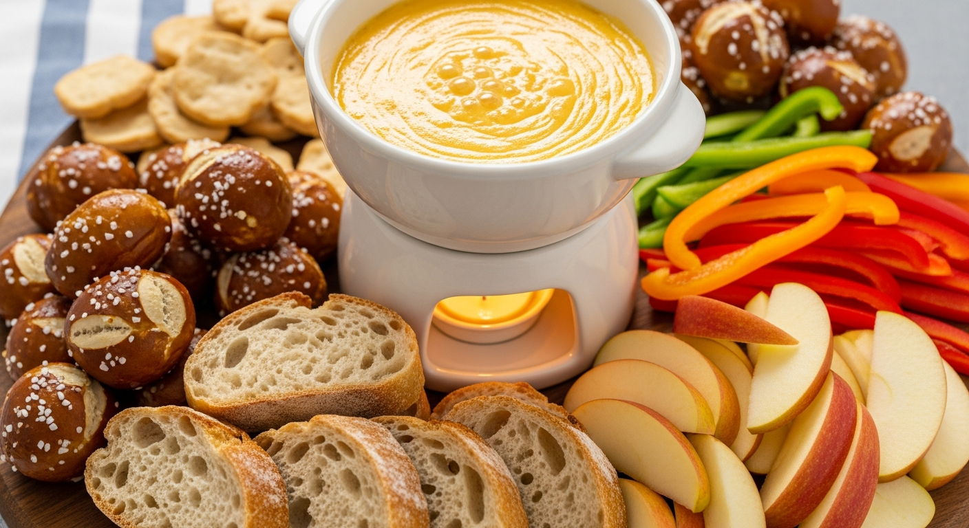 A warm, golden beer cheese dip bubbling gently in a ceramic fondue pot, surrounded by an array of appetizing dippers including soft pretzel bites with coarse salt crystals, thick slices of rustic sourdough bread, colorful bell pepper strips, and crisp apple wedges arranged on a wooden serving board.