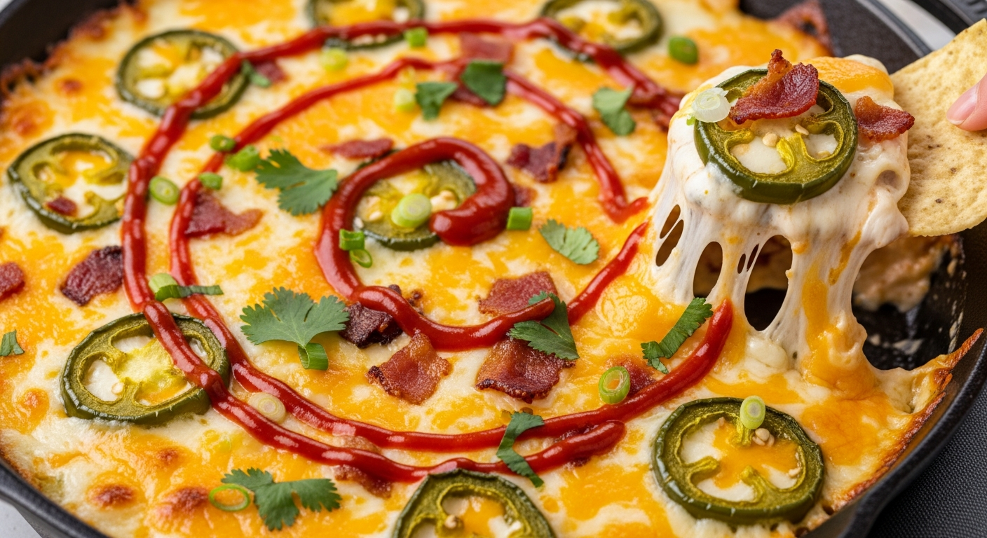 A warm, bubbling jalapeño popper dip in a rustic cast iron skillet or ceramic baking dish, with golden-brown melted cheese stretching as a tortilla chip is lifted from the creamy, spicy mixture. Vibrant green jalapeño pieces are scattered throughout the rich, creamy white and orange cheese blend, to