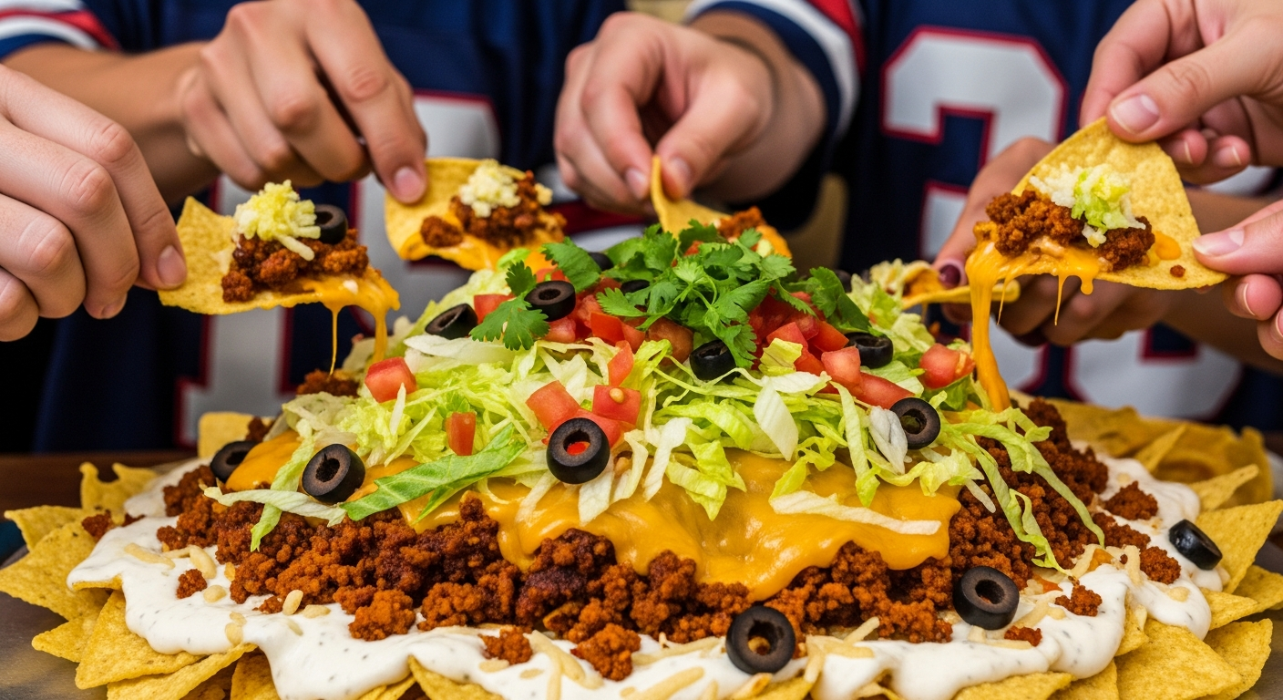 creamy white base layer, seasoned brown ground beef, bright green shredded lettuce, diced red tomatoes, golden melted cheese, black olives, and fresh cilantro on top. Multiple hands reach toward the dish with tortilla chips, creating a communal game day atmosphere with football jerseys visible in th