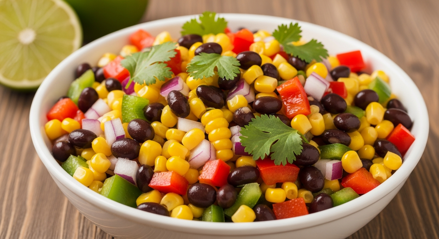A vibrant bowl of colorful corn and black bean salsa sits on a rustic wooden table, overflowing with golden corn kernels, glossy black beans, diced red and yellow bell peppers, fresh green cilantro, and red onion pieces. The jewel-toned mixture glistens with lime vinaigrette, creating an appetizing
