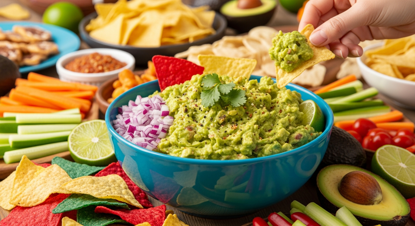 A vibrant bowl of fresh guacamole sits at the center of a football party spread, surrounded by colorful tortilla chips, crisp vegetable sticks, and other game-day snacks. The creamy avocado dip is beautifully garnished with diced red onions, fresh cilantro leaves, and lime wedges, showcasing its bri