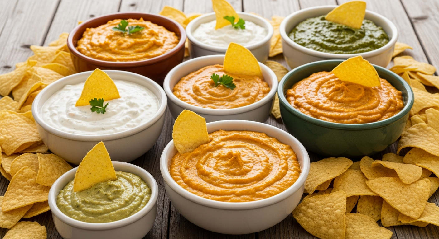 A vibrant spread of several colorful Southern-style dips displayed in rustic ceramic bowls of varying sizes, each with distinct textures and hues ranging from creamy white to rich golden and deep green. The bowls are artfully arranged on a wooden table surrounded by an abundance of golden tortilla c