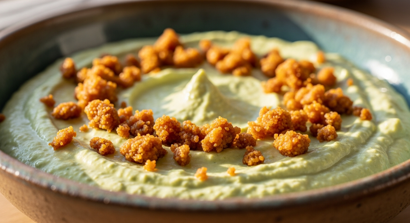 A close-up photograph of creamy, pale green dip with a smooth, velvety texture served in a handcrafted ceramic bowl with earthy, rustic glazing. The dip is garnished with golden-brown crumbled meat pieces scattered across the surface, creating appealing texture contrast. Warm, natural lighting illum