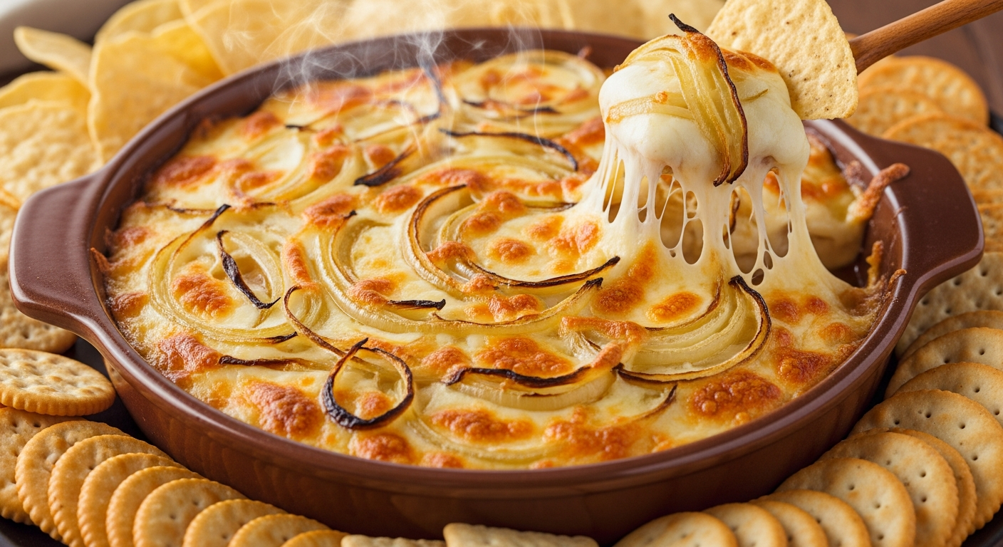 A golden-brown baked dip bubbling in a rustic ceramic dish, with caramelized Vidalia onions melted into layers of stretchy, gooey cheese creating swirls of amber and cream colors. Steam gently rises from the molten surface while tortilla chips and crackers are artfully arranged around the warm dish 