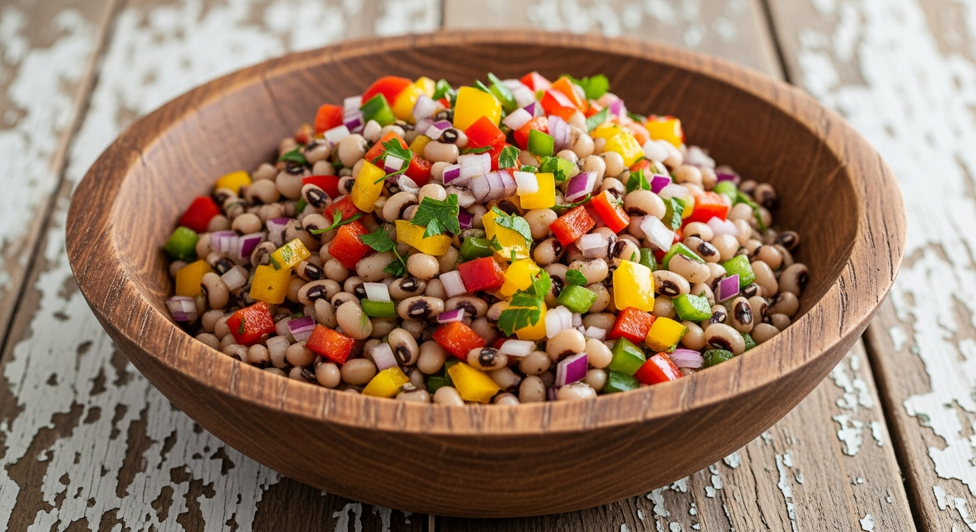 A rustic wooden bowl overflowing with colorful black-eyed pea caviar dip, featuring dark black-eyed peas mixed with vibrant diced bell peppers in red, yellow, and orange, fresh green herbs, and red onion pieces, all glistening with olive oil vinaigrette. The bowl sits on a weathered farmhouse table