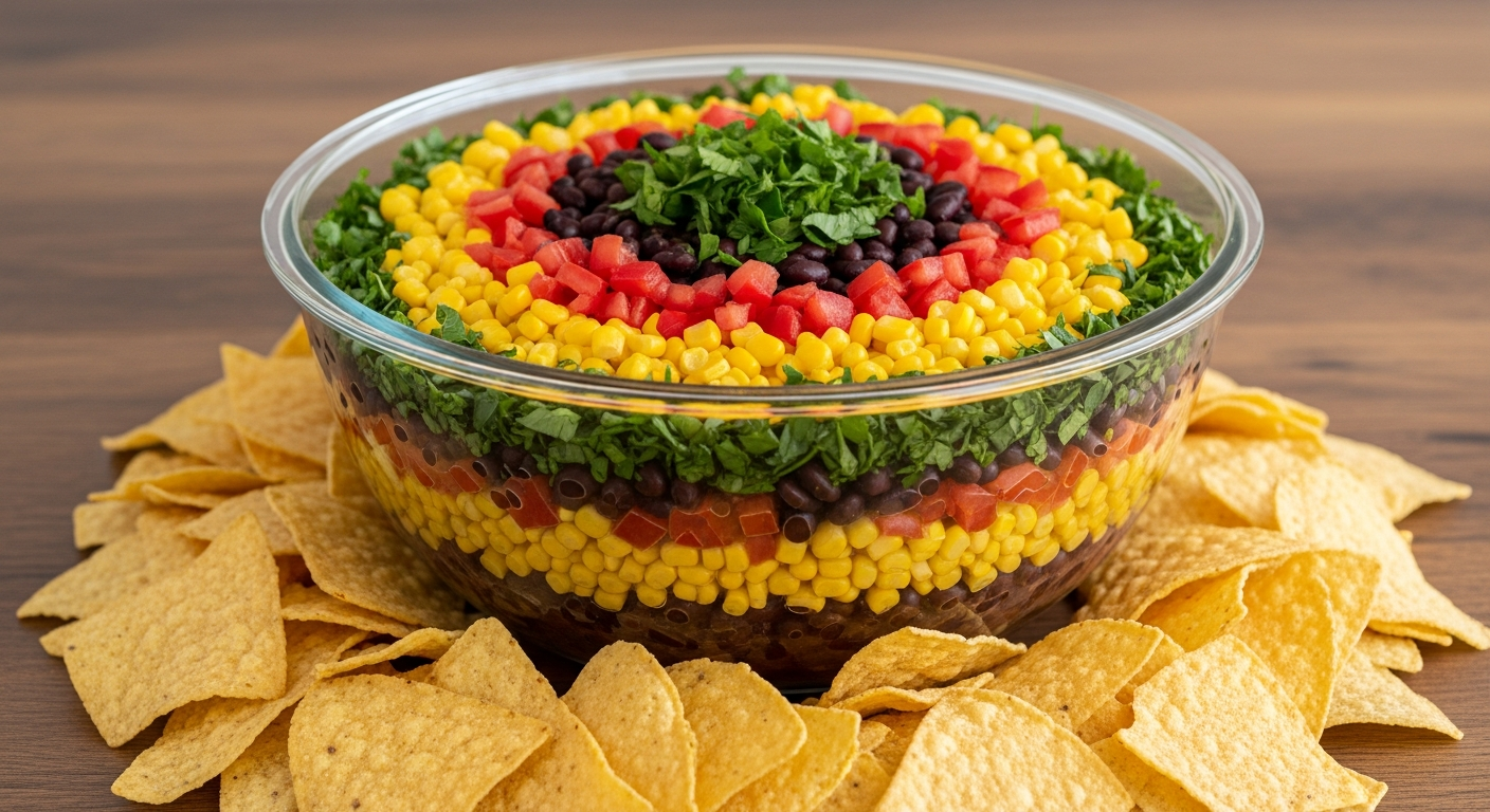 A large, clear glass bowl filled with vibrant Southwest-style corn and bean dip featuring colorful ingredients like golden corn kernels, black beans, diced red tomatoes, and green herbs, creating a festive layered appearance. The bowl sits on a rustic wooden table surrounded by golden tortilla chips