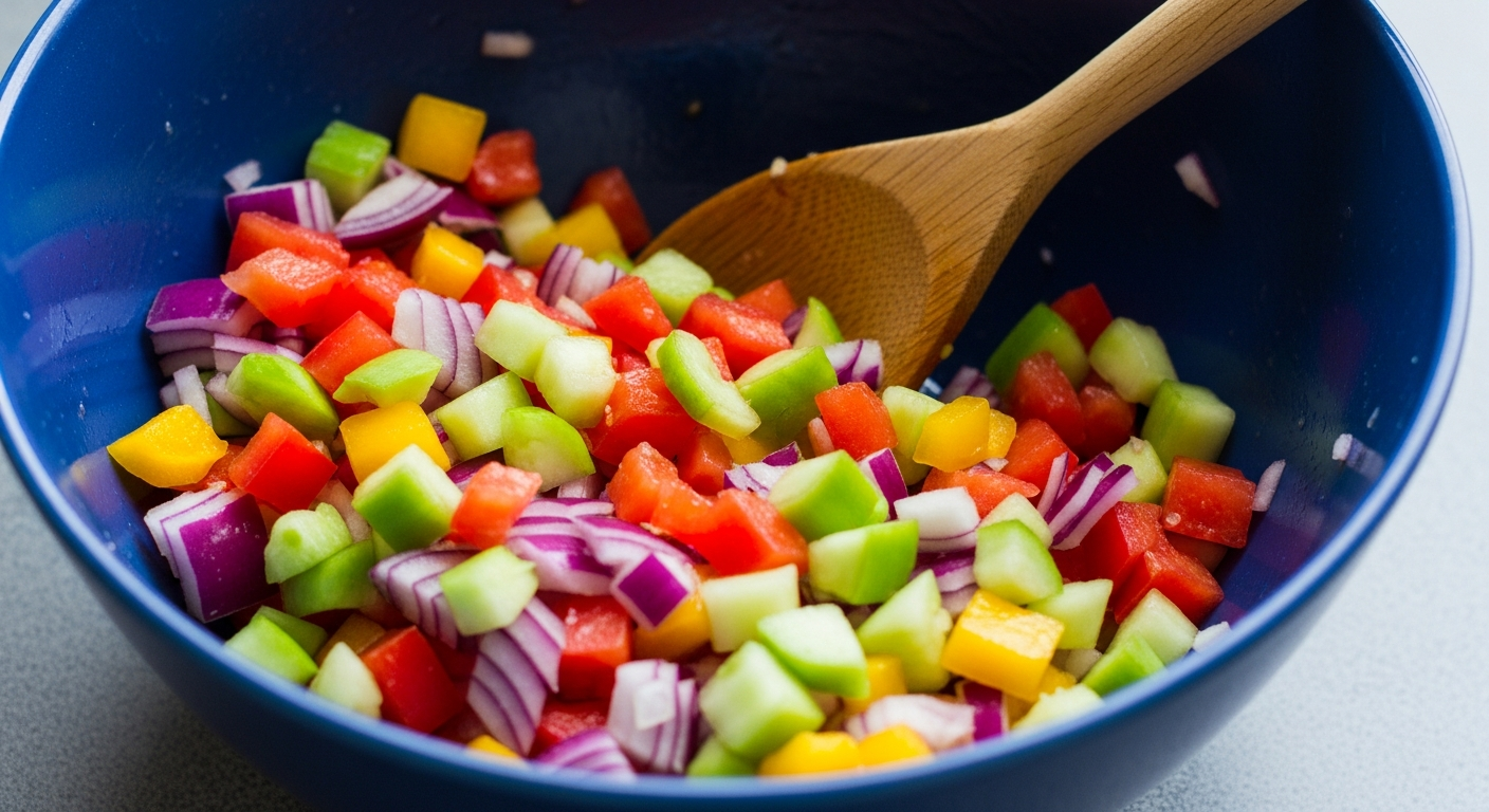 A large ceramic mixing bowl filled with colorful fresh ingredients being combined together - bright yellow corn kernels, glossy black beans, vibrant diced bell peppers in red and green, and translucent white onion pieces. The ingredients are partially mixed, creating a beautiful mosaic of colors and
