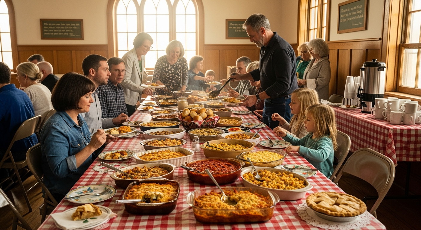 A warm, inviting vintage-style photograph of a community potluck gathering inside a cozy church fellowship hall. The scene features a long wooden table covered with a classic red and white checkered tablecloth, laden with an abundant spread of homemade casserole dishes in various ceramic and glass b