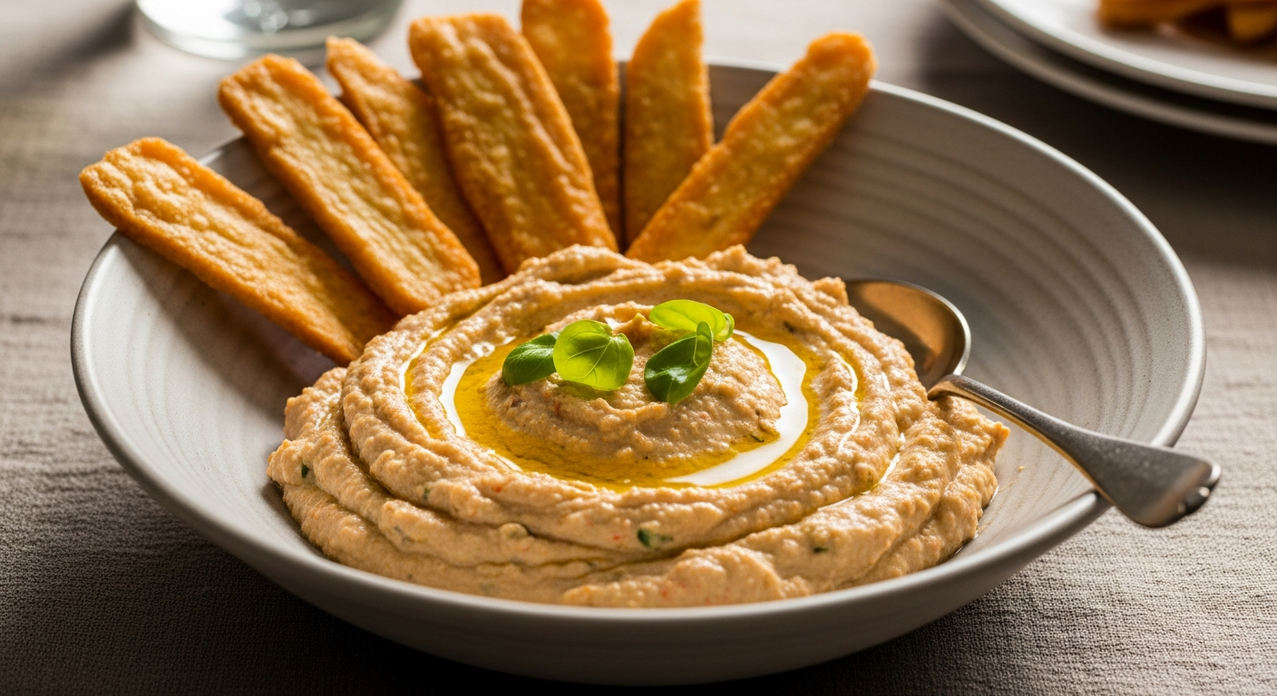 A ceramic bowl filled with creamy, pale beige layered dip topped with finely chopped bright green scallions, positioned on a rustic wooden serving board. The bowl is surrounded by an artful arrangement of golden wheat crackers, crispy vegetable chips, and fresh celery sticks cut into perfect finger-