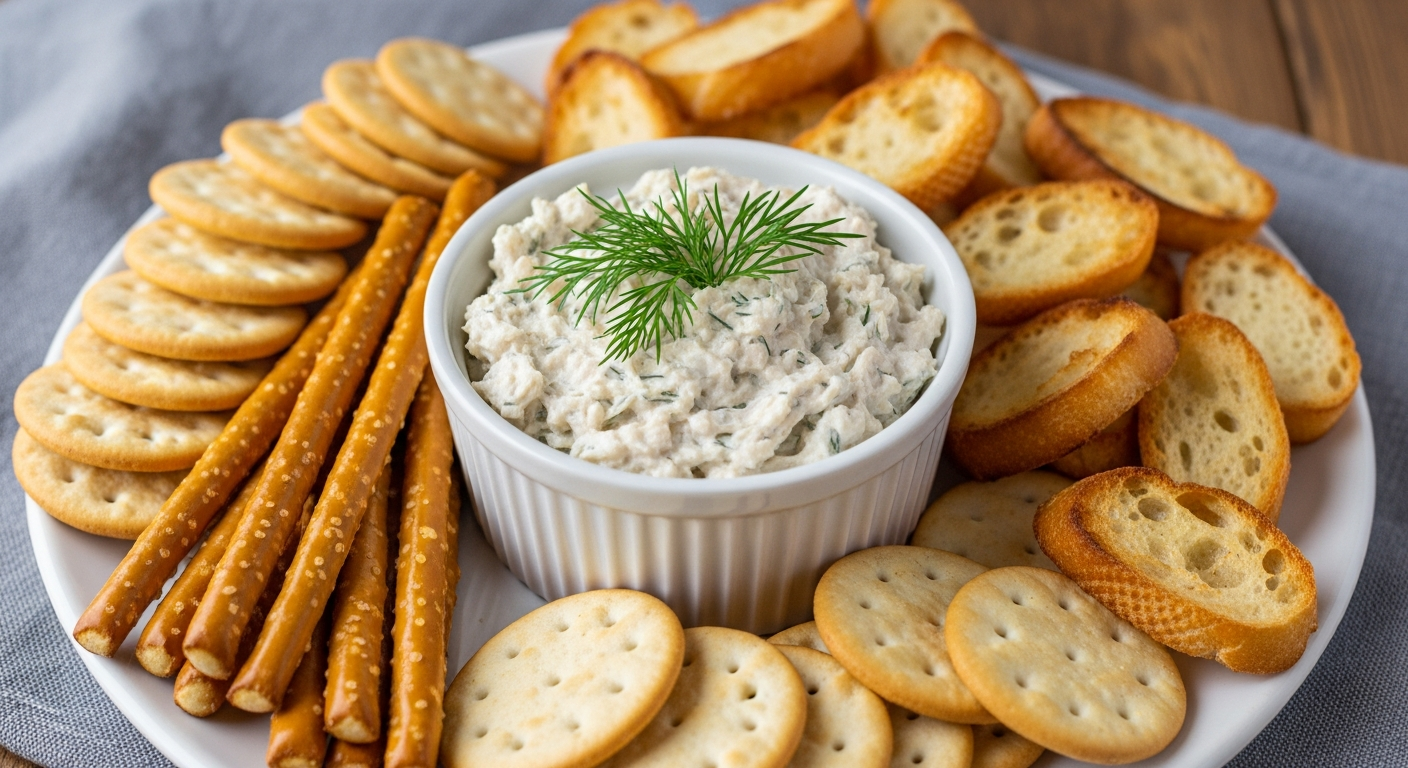 A rustic wooden serving board displays a creamy, pale-colored Midwest-style dip in an earthenware bowl, surrounded by an abundant array of fresh accompaniments. Colorful vegetable crudités including vibrant red and yellow bell pepper strips, crisp celery sticks, orange carrot sticks, and cherry toma