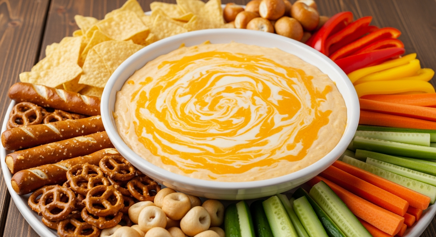 A rustic wooden table displays a large ceramic bowl filled with creamy, golden-hued Midwest dip, featuring visible streaks of melted sharp cheddar cheese creating marbled patterns throughout the thick, velvety mixture. Surrounding the bowl are an array of dipping accompaniments including crispy tort
