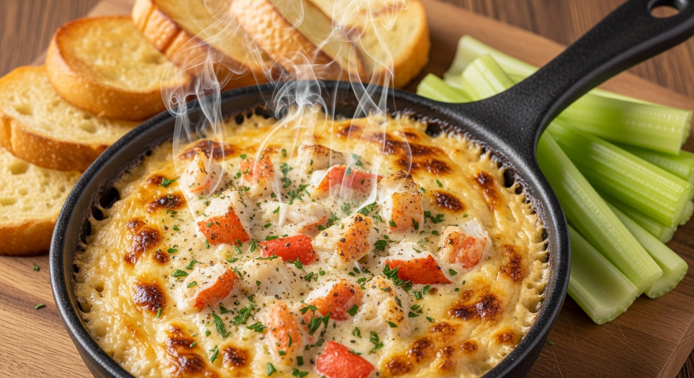 A steaming bowl of creamy seafood dip with chunks of fresh crab meat, golden and bubbling hot, served alongside crispy toasted bread slices and fresh green celery sticks arranged on a rustic wooden serving board. The dip has a rich, golden-brown surface with visible herbs and spices, steam gently ri
