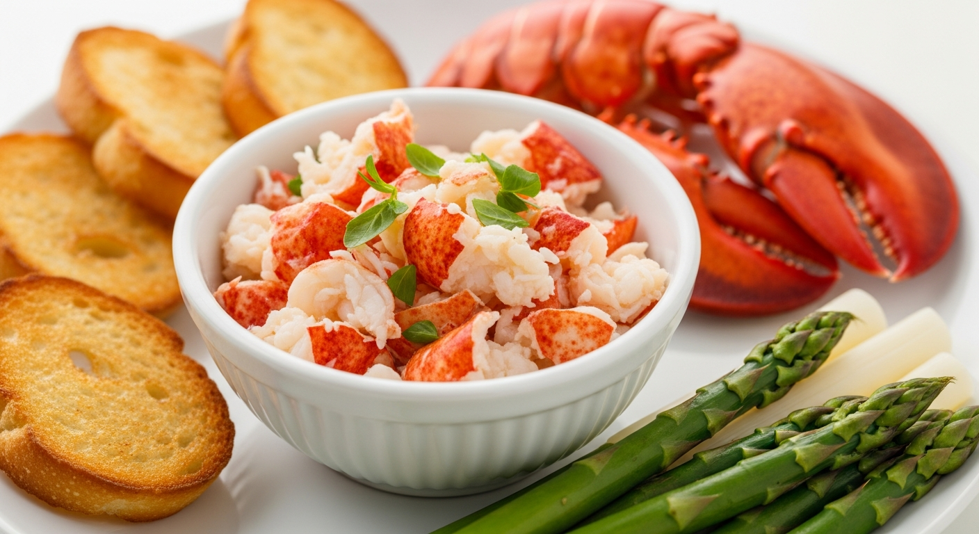 A creamy seafood dip with chunks of tender lobster meat served in an elegant white ceramic bowl, garnished with finely chopped fresh green chives sprinkled on top and a bright yellow lemon wedge placed alongside. The rich, pale orange-tinted dip has a smooth, luxurious texture with visible pieces of