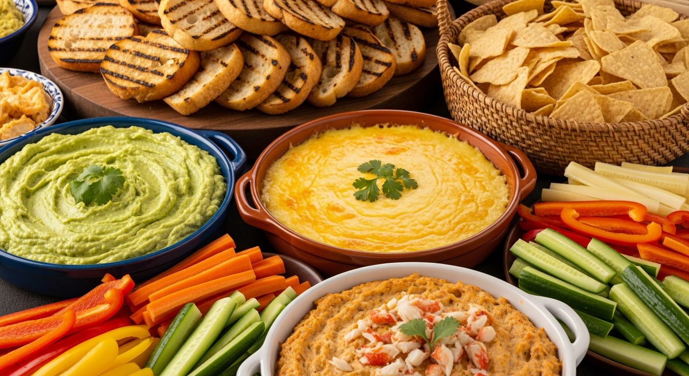 A vibrant party table spread featuring an array of colorful regional dips in ceramic bowls and serving dishes. The scene includes creamy green avocado dip with fresh cilantro garnish, golden melted cheese dip with a smooth texture, and rich seafood dip with visible crab pieces. Surrounding the dips 