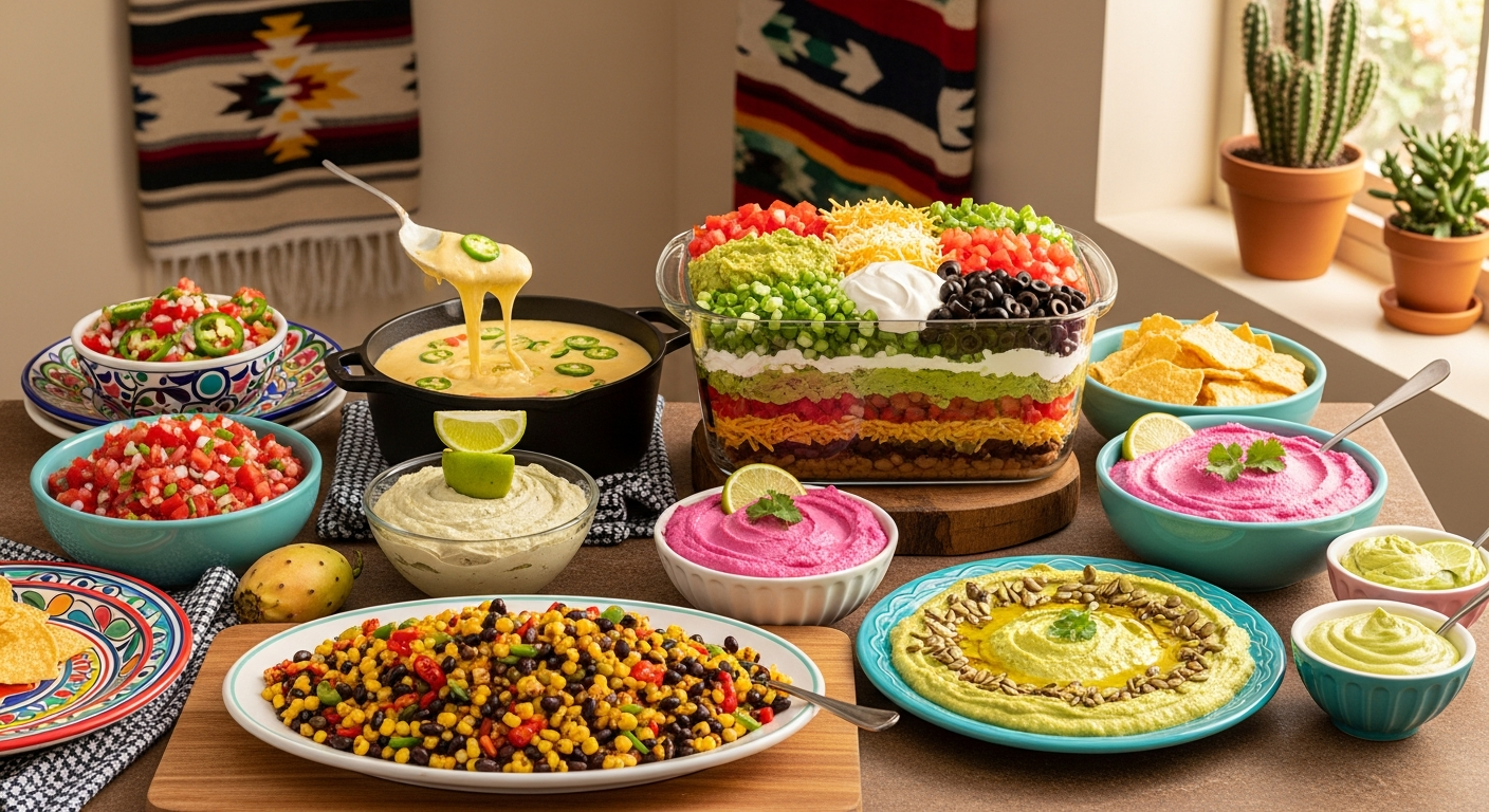 A vibrant kitchen scene in the American Southwest showing multiple colorful party dips being prepared, with fresh bowls of chunky red salsa made from diced tomatoes, onions, and jalapeños, creamy melted queso with green chiles bubbling in a cast iron pot, and an elaborate seven-layer dip displayed i