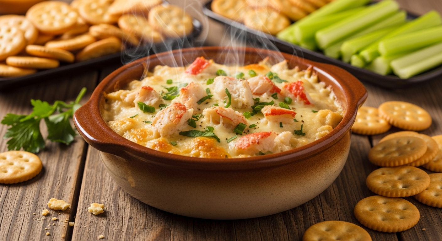 A steaming bowl of rich, creamy seafood dip with visible chunks of fresh crab meat, garnished with herbs and a light golden-brown top. The ceramic bowl sits on a rustic wooden table surrounded by an assortment of crispy crackers and fresh celery sticks arranged on a serving platter. Warm, inviting k
