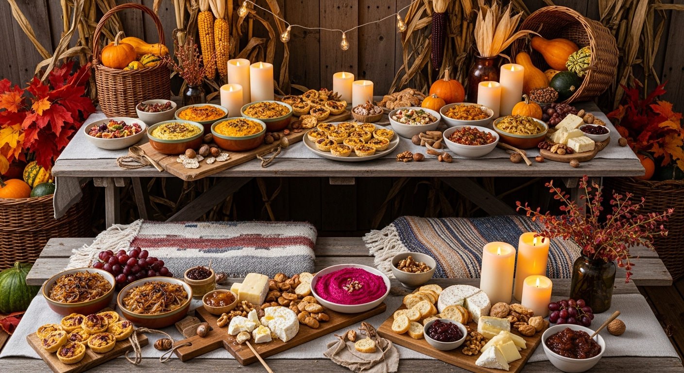 A rustic autumn harvest scene showing an abundant spread of seasonal party dips and appetizers on wooden tables, featuring rich pumpkin-colored dips in ceramic bowls alongside caramelized onion dips with golden-brown hues. The setting captures the essence of fall with warm amber lighting, surrounded