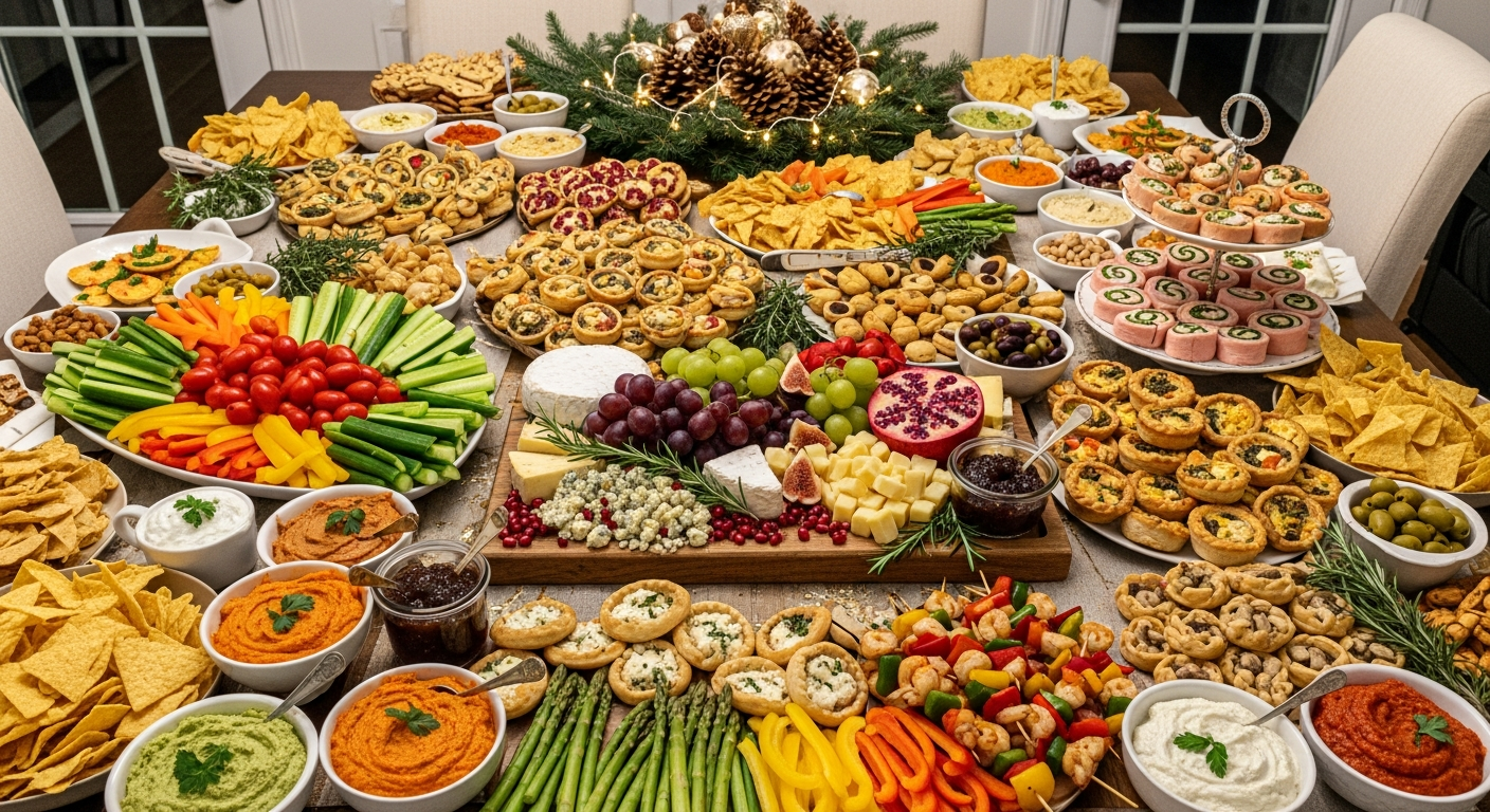 A festive indoor gathering scene featuring a beautifully arranged dining table overflowing with an abundant spread of colorful appetizers and snacks. The table displays numerous small bowls filled with vibrant dips in shades of green, orange, red, and cream, surrounded by an assortment of golden tor