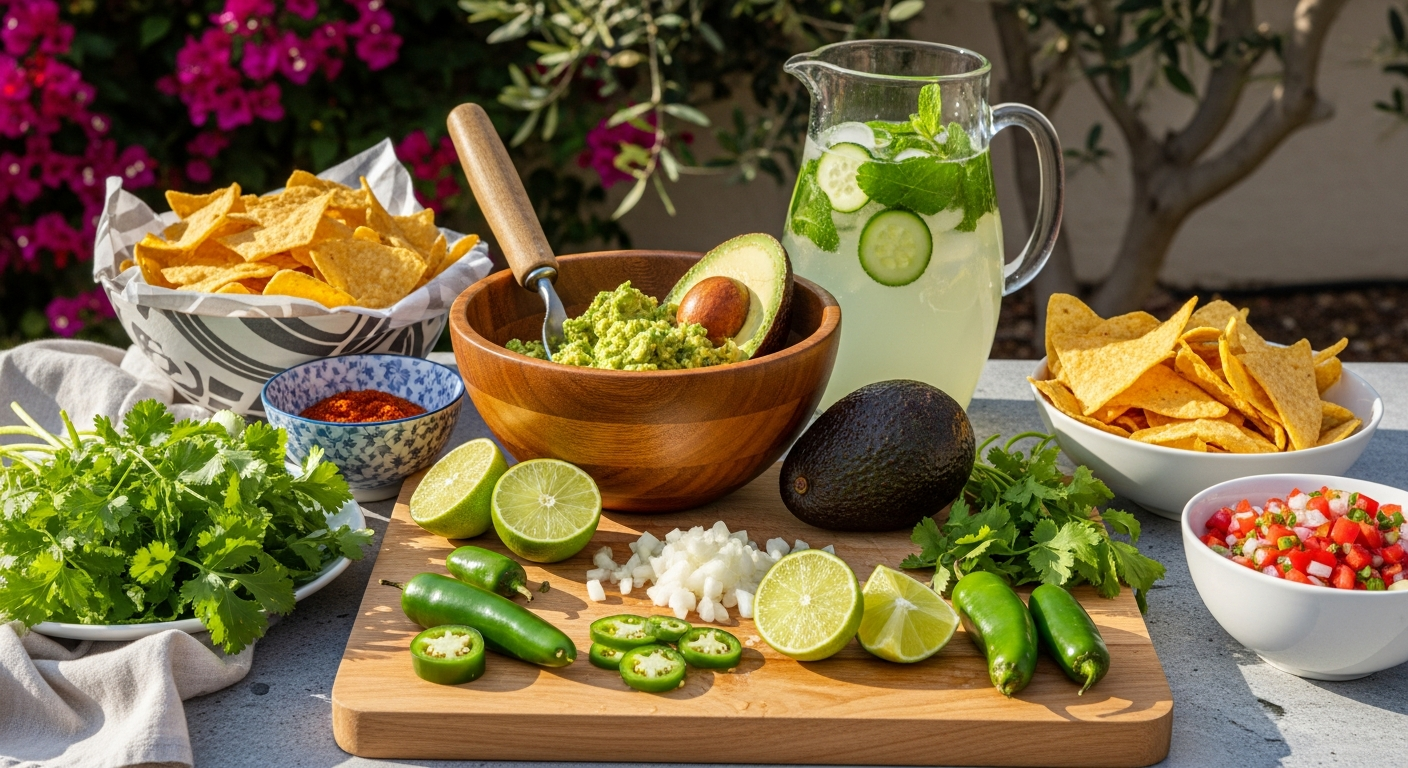 A vibrant outdoor California kitchen scene with fresh ripe avocados being mashed in a rustic wooden bowl, surrounded by colorful ingredients including bright green cilantro, diced white onions, halved limes, and small jalapeño peppers scattered on a sun-drenched wooden cutting board. Golden tortilla