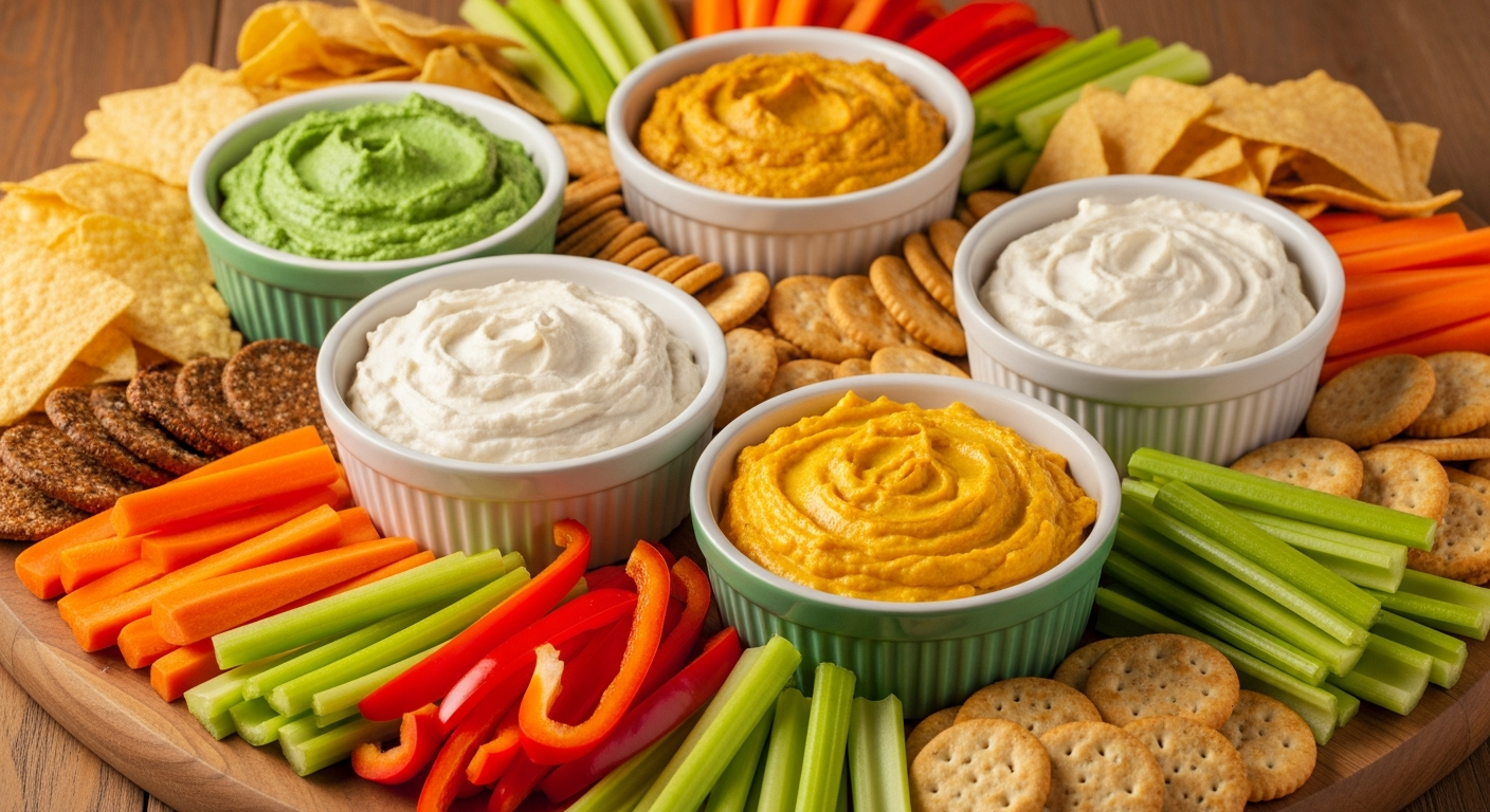 A colorful party spread showcasing multiple ceramic bowls filled with creamy dips in vibrant green, golden yellow, and rich cream colors, artfully arranged on a wooden serving board. Surrounding the dips are golden tortilla chips, crispy crackers, and fresh cut vegetables including bright orange car