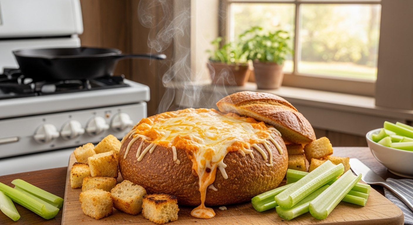 A rustic kitchen scene featuring a golden-brown pumpernickel bread bowl filled with bubbling, creamy buffalo chicken dip topped with melted cheddar and mozzarella cheese, steam rising from the hot surface. The hollowed bread bowl sits on a wooden cutting board surrounded by toasted bread cubes and c