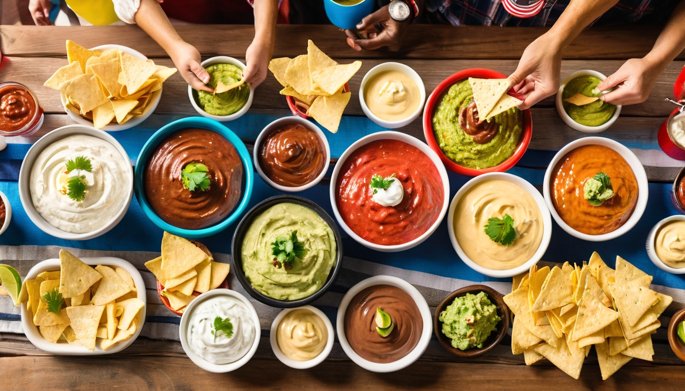 A vibrant game day party scene featuring an abundant spread of colorful American dips arranged on a rustic wooden table, with creamy white ranch dip, golden cheese sauce, bright red salsa, rich brown chocolate dip, and green guacamole served in various ceramic bowls and rustic serving dishes. Happy guests gathered around the table, reaching for tortilla chips, vegetable sticks, and crackers, their faces lit with joy and satisfaction as they enjoy the delicious spread. The setting includes football-themed decorations in the background, with team colors and pennants creating a festive atmosphere, while warm lighting casts a cozy glow over the social gathering. Steam gently rises from a few warm dips, and the table is surrounded by people of diverse backgrounds laughing and socializing, creating an inviting and celebratory game day atmosphere with the focus on the appetizing array of dips as the centerpiece of this American sports viewing party.