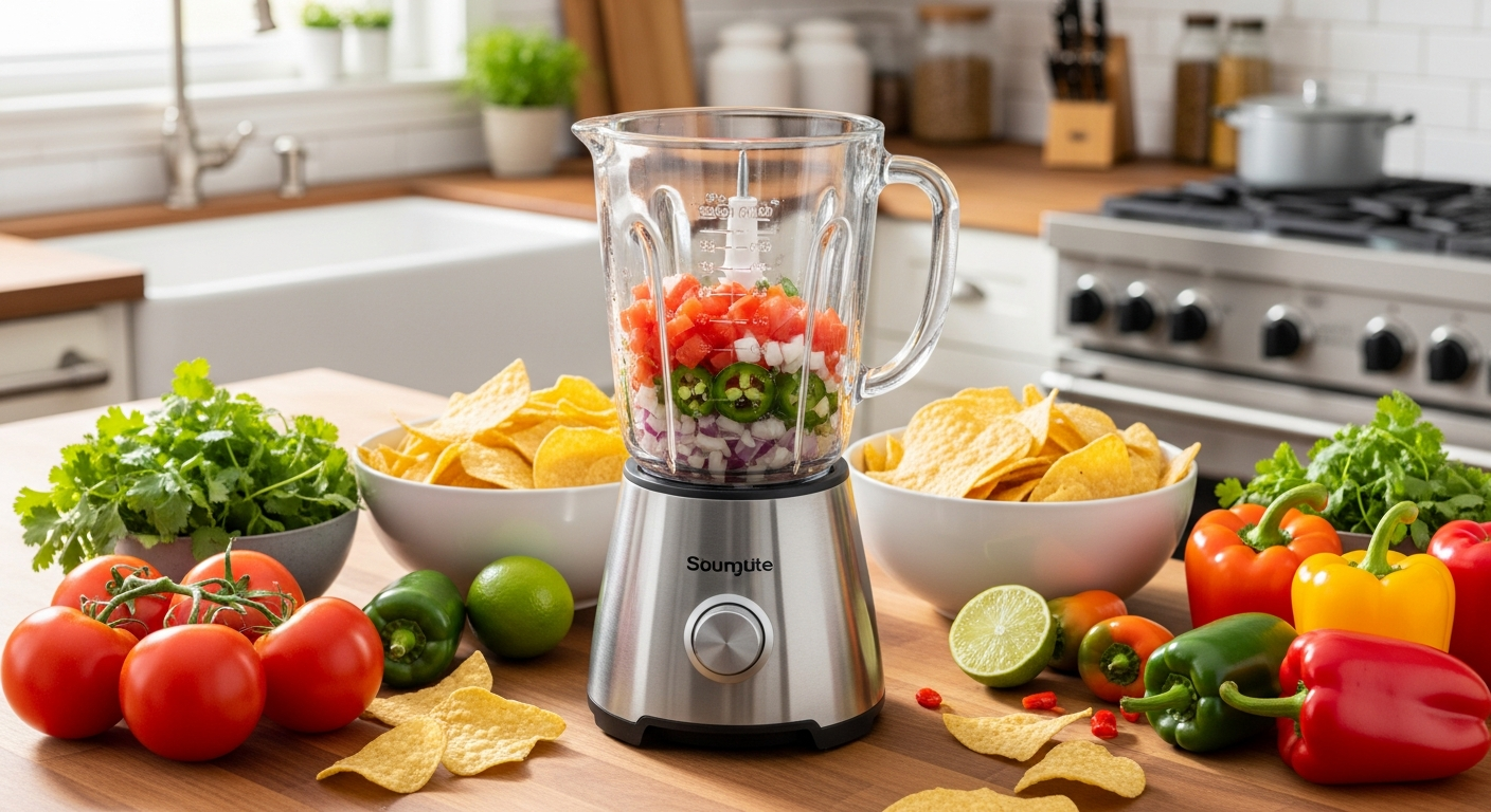 A vibrant kitchen scene featuring a modern stainless steel blender filled with fresh, chunky salsa ingredients in mid-blend, with bright red diced tomatoes, green cilantro leaves, white onion pieces, and jalapeño peppers visible through the clear glass pitcher. Surrounding the blender on a rustic wooden countertop are bowls of golden tortilla chips arranged for dipping, alongside fresh ingredients including whole ripe tomatoes, bunches of fresh cilantro, lime halves with visible juice droplets, and colorful bell peppers. The scene is bathed in warm, natural kitchen lighting that highlights the rich colors and textures of the fresh ingredients, with subtle steam or mist rising from the blender suggesting the salsa-making process in action. The composition captures the essence of homemade American-style dip preparation with an emphasis on fresh, colorful ingredients and the convenience of modern kitchen appliances.