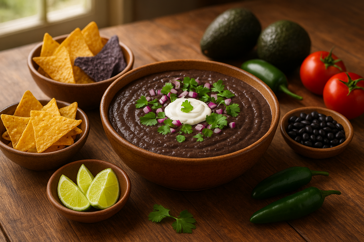 A vibrant bowl of creamy black bean dip sits on a rustic wooden table, its rich dark surface garnished with fresh cilantro leaves, diced red onions, and a dollop of white sour cream creating beautiful color contrast. Surrounding the main bowl are smaller dishes containing colorful tortilla chips in golden yellow and blue corn varieties, alongside fresh lime wedges cut into perfect triangles. The scene is set in a warm, inviting kitchen with soft natural lighting streaming through a window, casting gentle shadows across the spread. Additional ingredients are artfully arranged nearby including whole black beans, fresh jalapeños, ripe avocados, and vibrant red tomatoes, all displaying the fresh, zesty ingredients that make up this classic American appetizer dip.