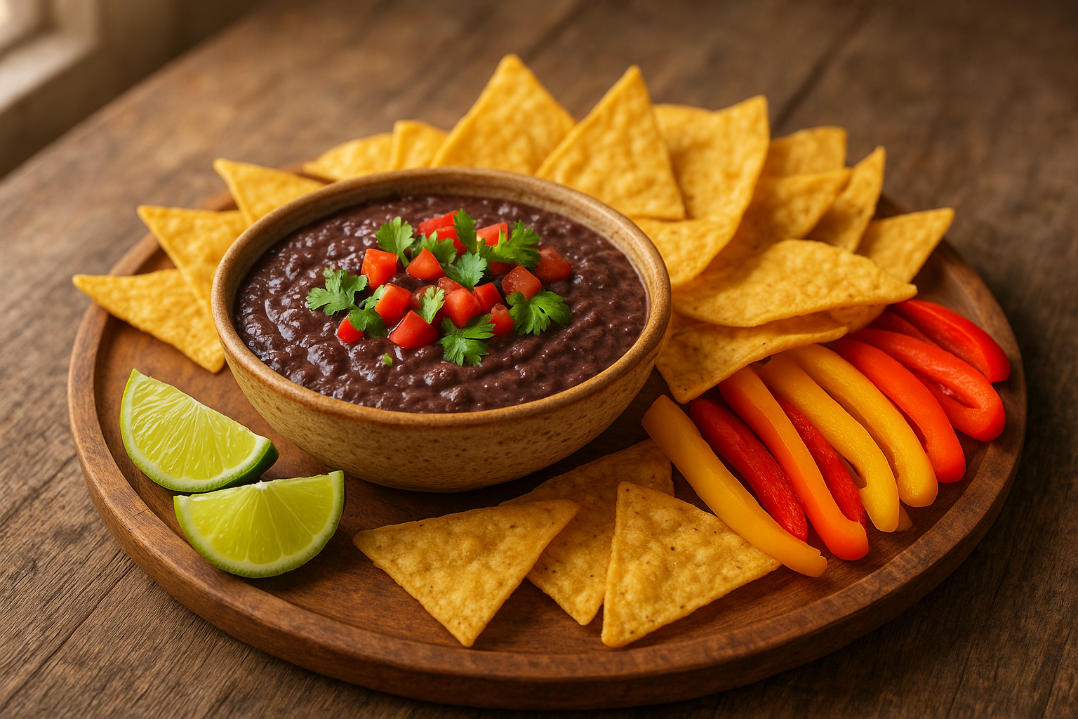 A rustic wooden serving board displays a vibrant black bean dip in a handcrafted ceramic bowl, the dip's rich dark purple-black color contrasted by bright green cilantro leaves and diced red tomatoes scattered across its surface. Surrounding the central bowl are golden tortilla chips arranged in an artistic fan pattern, their crispy edges catching warm ambient lighting. Fresh lime wedges sit nearby, their bright green skin glistening with moisture droplets, while colorful bell pepper strips in red, yellow, and orange create a rainbow of vegetables around the composition. The scene is set on a weathered farmhouse table with soft natural lighting streaming through a window, creating gentle shadows and highlighting the textures of the creamy dip, crunchy chips, and fresh garnishes in an inviting, appetizing display that captures the essence of American casual dining and entertaining.