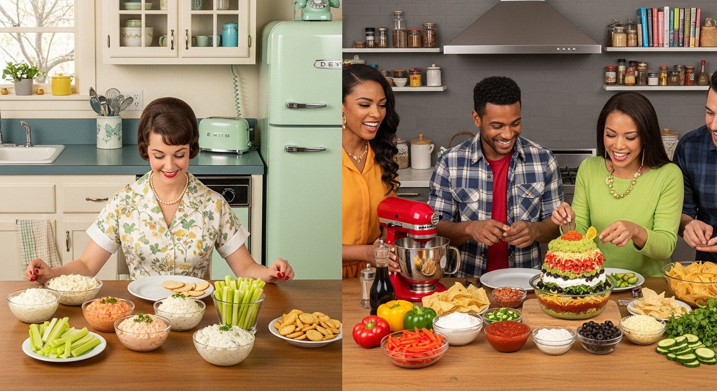 A vibrant kitchen scene showcasing the evolution of American party dips across decades, with a 1950s-style housewife in a floral dress and pearl necklace arranging simple, pale-colored dips in basic glass bowls on one side of a long dining table, while on the opposite end, a modern diverse group of people in contemporary clothing enthusiastically prepares an elaborate seven-layer dip with vivid layers of green guacamole, bright red salsa, white sour cream, and colorful toppings in a clear glass dish. The lighting transitions from the warm, muted tones of mid-century America on the left to bright, saturated colors on the right, with an array of tortilla chips, fresh vegetables, and various dipping vessels scattered across a wooden table. The background shows kitchen elements evolving from simple, utilitarian 1950s appliances and decor to modern, multicultural cooking tools and vibrant ingredients, creating a visual timeline that captures the transformation from basic convenience foods to bold, layered flavors celebrating America's diverse culinary influences.