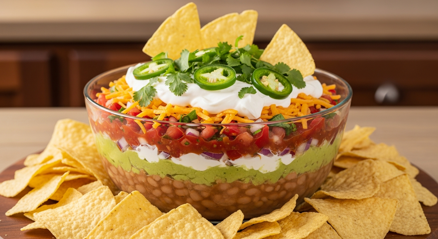 A beautifully layered seven-layer dip displayed in a clear glass bowl, showcasing distinct colorful horizontal stripes of ingredients including creamy refried beans at the bottom, smooth guacamole, tangy sour cream, fresh salsa with diced tomatoes and onions, melted cheese, and topped with vibrant green chopped cilantro and sliced jalapeños. The dip sits on a rustic wooden serving board surrounded by golden tortilla chips artfully arranged in a fan pattern, with some chips partially dipped into the creamy layers. Warm, inviting kitchen lighting illuminates the scene, casting soft shadows and highlighting the rich textures and vibrant colors of each layer. The setting suggests a casual American gathering or party atmosphere, with the dip as the centerpiece of a festive appetizer spread, emphasizing the comfort food appeal and social nature of this classic American party dish.
