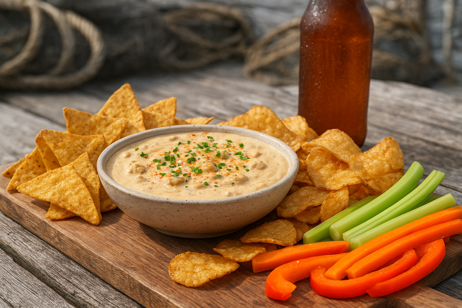 A rustic wooden serving board displays a creamy, pale beige clam dip in a shallow ceramic bowl, garnished with finely chopped fresh chives and a sprinkle of paprika creating colorful flecks across the smooth surface. Golden-brown tortilla chips are artfully arranged around the bowl alongside crispy kettle-cooked potato chips and fresh vegetable crudités including celery sticks, carrot strips, and bell pepper slices. The scene is set on a weathered dock or seaside table with weathered gray wood planks, with soft natural lighting filtering through, suggesting a coastal American setting. In the blurred background, hints of nautical elements like rope coils and weathered fishing nets create an authentic maritime atmosphere. Small chunks of tender clams are visible throughout the creamy dip, and condensation beads glisten on a cold beer bottle positioned nearby, completing this quintessential American seaside appetizer scene.