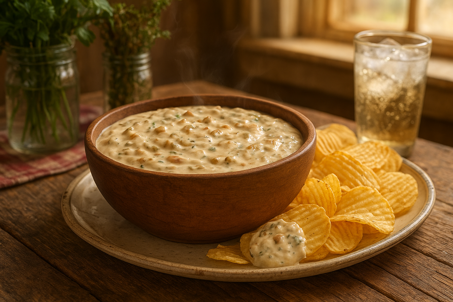 A rustic wooden bowl filled with creamy, pale beige onion dip with visible caramelized onion pieces and herbs scattered throughout the smooth texture, sitting on a weathered farmhouse table. Surrounding the central bowl are golden, crispy potato chips artfully arranged on a vintage ceramic platter, with some chips partially dipped and glistening with the creamy mixture. The scene is set in a cozy American kitchen with warm, natural lighting streaming through a window, casting soft shadows across checkered cloth napkins and mason jars filled with fresh herbs in the background. Steam gently rises from the freshly made dip, and droplets of condensation glisten on a glass of ice-cold beverage nearby, creating an inviting, homestyle appetizer spread that captures the essence of classic American comfort food entertaining.