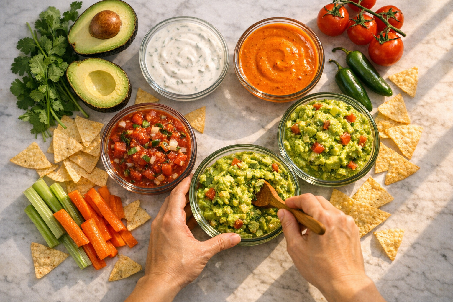 A overhead flat lay shot of a modern kitchen counter bathed in warm afternoon sunlight, featuring multiple glass bowls filled with various colorful dips arranged in a circle - creamy white ranch, vibrant orange buffalo, rich green guacamole, and chunky red salsa. Surrounding the bowls are fresh ingredients like ripe avocados cut in half, bright red tomatoes, fresh cilantro sprigs, and jalapeños. Scattered tortilla chips and vegetable sticks create a casual, authentic spread. A pair of hands reaches into frame mixing ingredients in one bowl with a wooden spoon, capturing the authentic moment of food preparation. The scene has natural window light casting soft shadows, shot from directly above in that classic food blogger style with a shallow depth of field that keeps the focus on the vibrant, appetizing dips and fresh ingredients on white marble countertop.