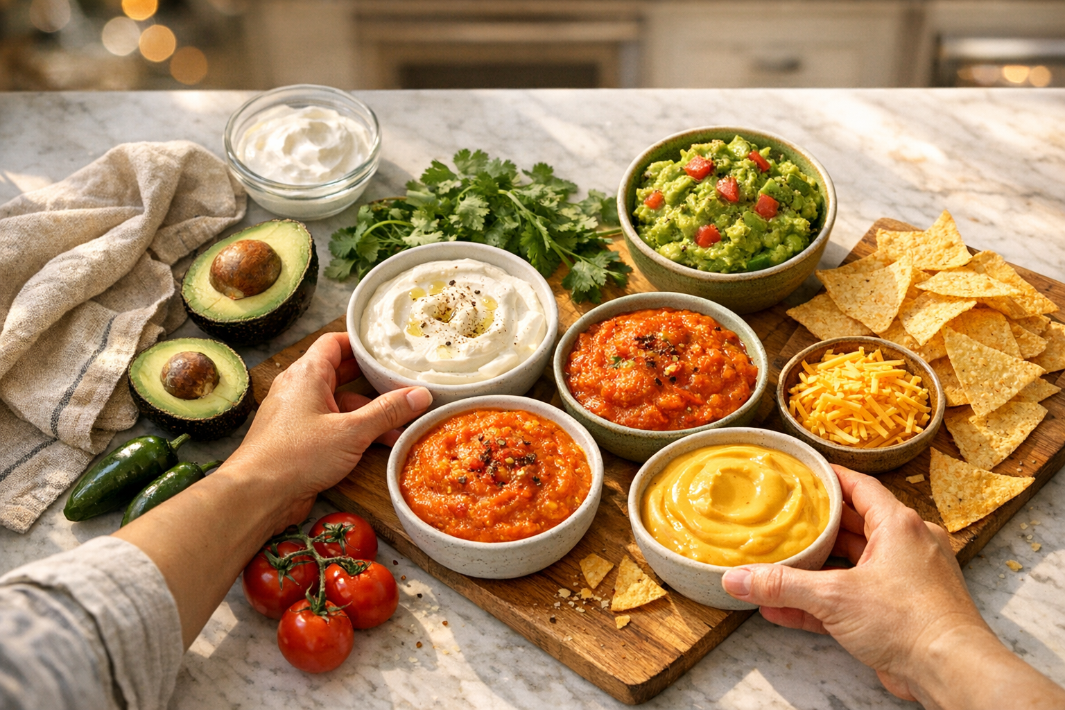 A overhead flat lay shot of a pristine marble kitchen counter bathed in soft morning sunlight streaming through a nearby window, featuring a home cook's hands carefully arranging multiple ceramic bowls filled with vibrant homemade dips in various colors - creamy white, rich orange, deep green guacamole, and golden cheese sauce. Surrounding the bowls are fresh ingredients including halved avocados, bright red tomatoes, fresh cilantro sprigs, jalapeños, sour cream in a glass bowl, shredded cheese, and tortilla chips artfully scattered on a wooden cutting board. The composition captures an authentic behind-the-scenes moment of game day preparation with natural shadows, a linen kitchen towel casually draped to one side, and the warm, inviting atmosphere of a real home kitchen with subtle bokeh in the background showing blurred kitchen appliances and pendant lighting.