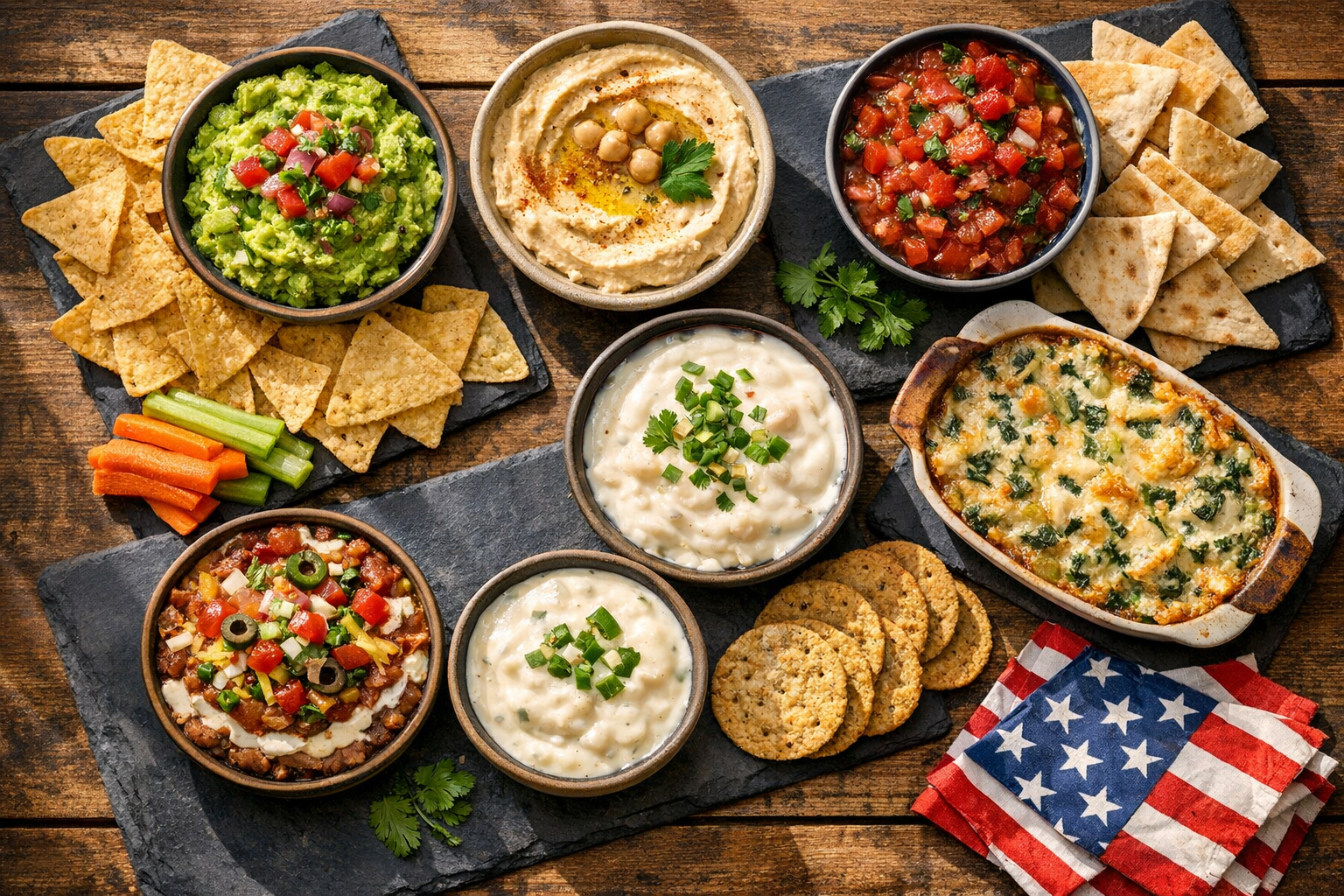 A bird's eye view of a rustic wooden table spread with an array of colorful dips in various ceramic bowls and dishes, featuring classic guacamole in a bright green hue, creamy hummus with olive oil drizzle, vibrant red salsa, white queso dip, layered bean dip with visible stripes of refried beans and sour cream, and golden spinach artichoke dip, surrounded by tortilla chips, pita triangles, vegetables, and crackers arranged on slate serving boards, with American flag napkins casually placed at the corner, photographed in warm natural window light casting soft shadows across the appetizer spread, shot from directly above in authentic food photography style with shallow depth of field and Instagram-worthy composition