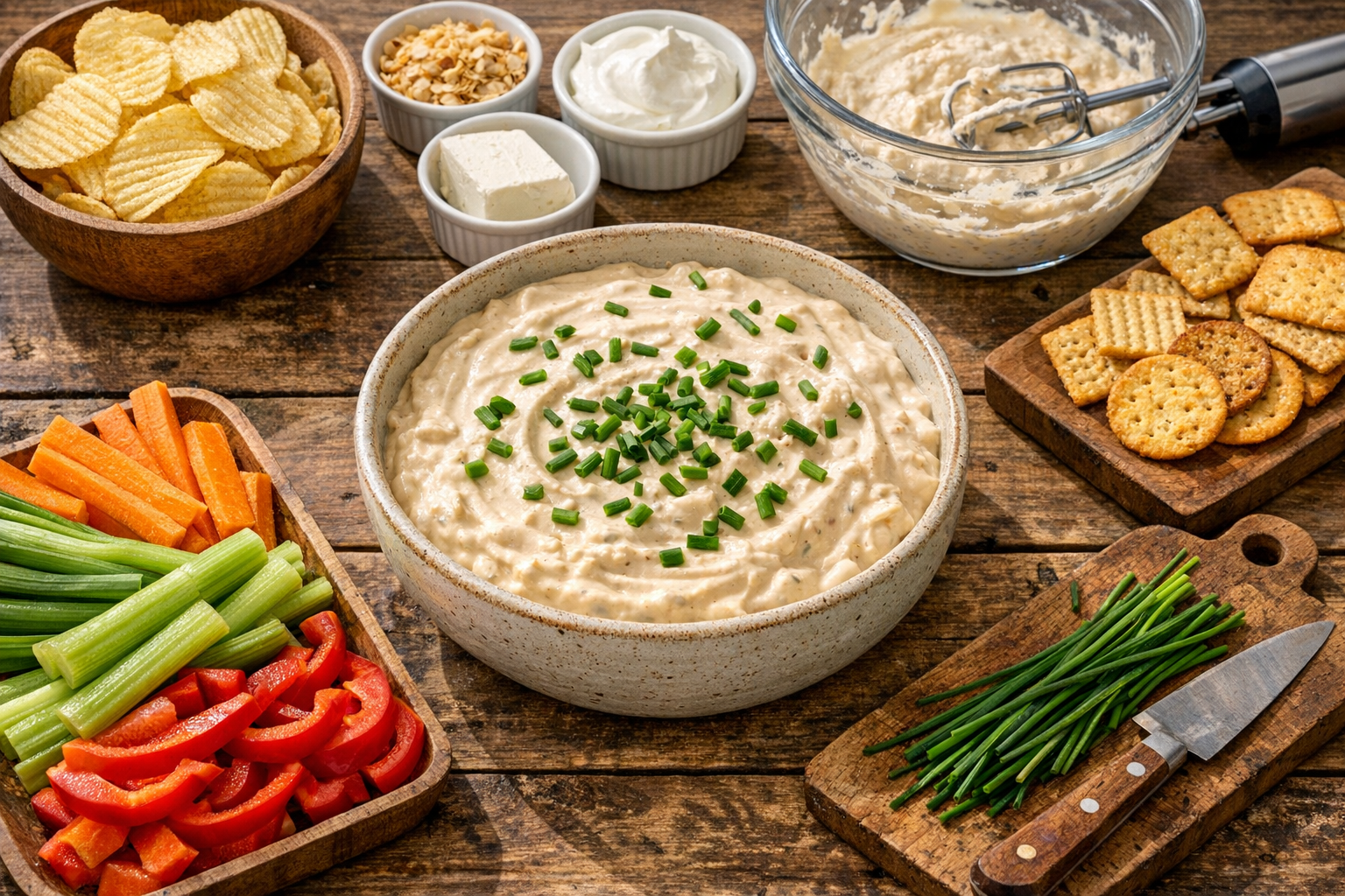 A rustic wooden table spread captures the ultimate game day scene with a large ceramic bowl filled with creamy, pale beige dip garnished with vibrant green chive pieces scattered across the top. Surrounding the main bowl are smaller dishes containing golden ridged potato chips, an assortment of crispy crackers, and colorful fresh vegetables including bright orange carrot sticks, deep green celery stalks, and red bell pepper strips. In the background, a glass mixing bowl shows the creamy mixture being prepared, with a stainless steel hand mixer resting beside it. Small white ramekins hold individual ingredients - a pile of dried onion flakes, a dollop of white sour cream, and a block of cream cheese. The natural afternoon light streams through a nearby window, casting soft shadows across the spread and highlighting the creamy texture of the dip. Fresh chives with their delicate green stems lie on a wooden cutting board next to a chef's knife. The scene has an authentic, overhead flat-lay photography style typical of food content on social media, with warm tones and a casual, inviting atmosphere perfect for a party gathering.