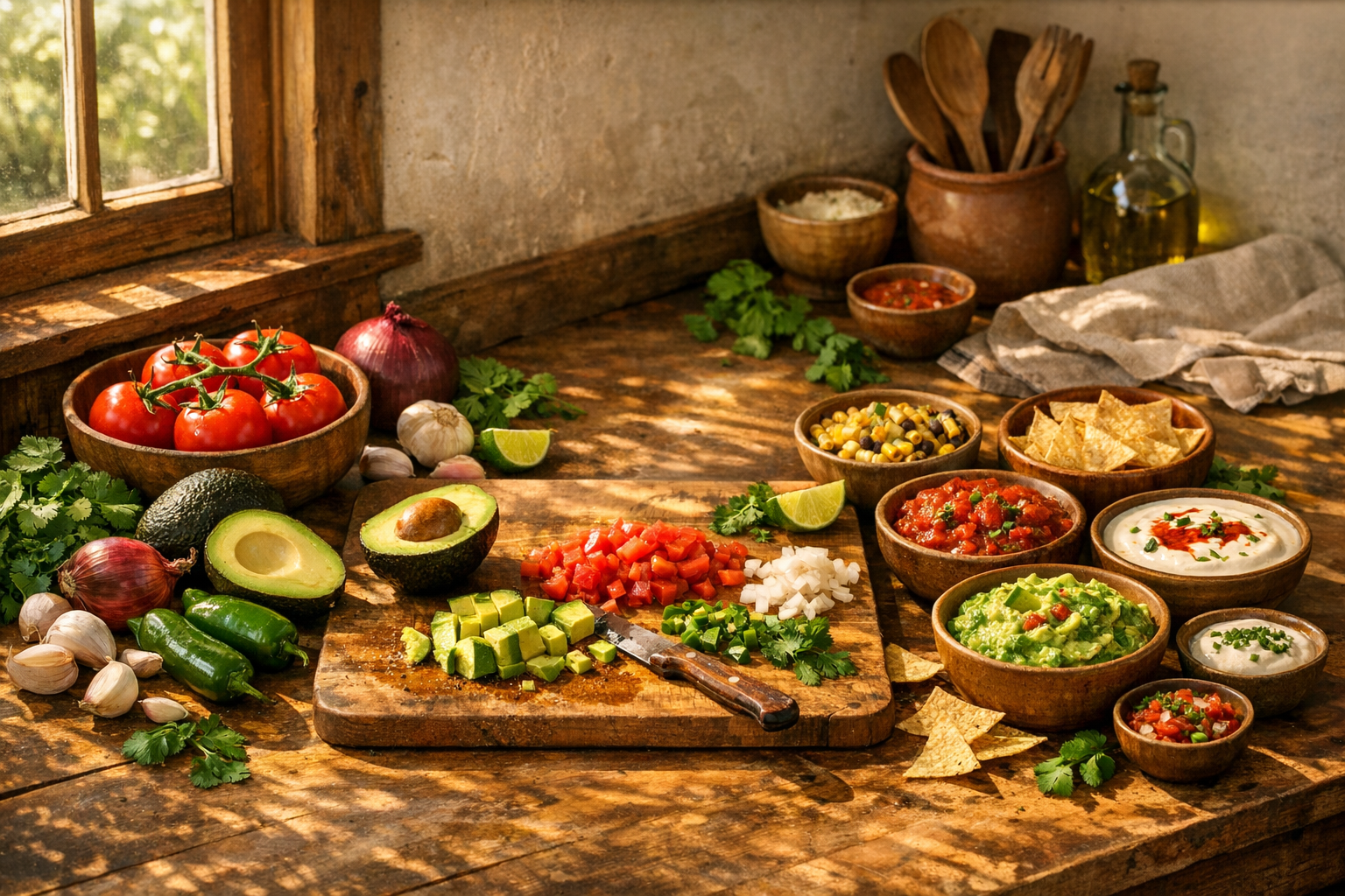A rustic farmhouse kitchen counter bathed in warm afternoon sunlight streaming through a window, featuring an artfully arranged spread of fresh ingredients transitioning into finished appetizers - raw vegetables like tomatoes, avocados, and jalapeños on one side gradually flowing into bowls of creamy dips and salsas on the other side, with a wooden cutting board in the middle showing the preparation process, ceramic serving bowls in earth tones, fresh herbs scattered naturally, and a cozy home setting with soft shadows creating depth and authenticity in the composition