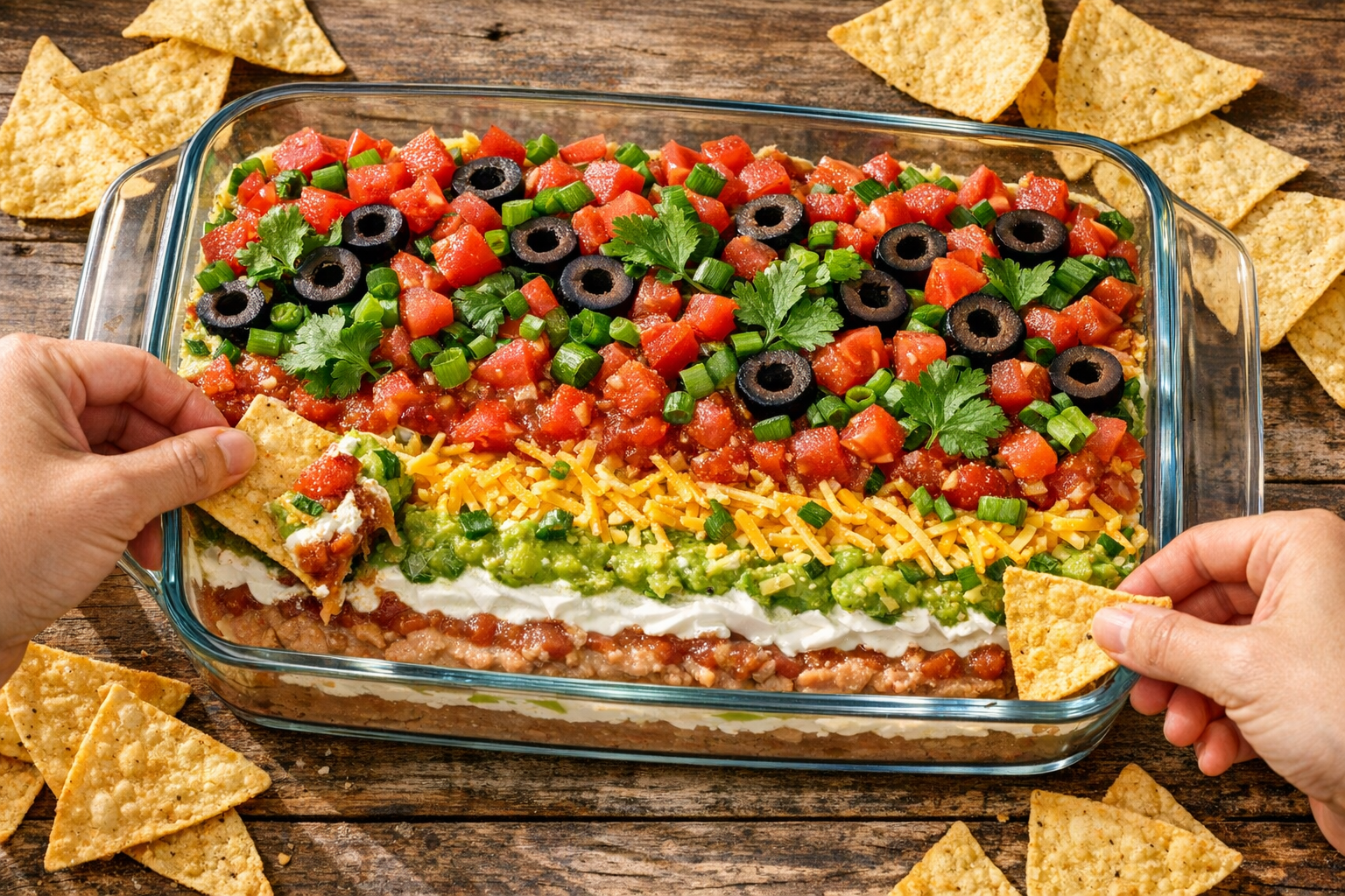 A vibrant overhead shot of a classic seven-layer dip in a clear glass rectangular baking dish, photographed on a rustic wooden table with natural window light streaming from the side. The dip showcases distinct colorful layers - creamy beige refried beans at the base, smooth white sour cream, pale green guacamole, chunky red salsa, golden melted shredded cheese, bright red diced tomatoes, dark purple-black sliced olives, and fresh green chopped scallions scattered across the top with sprigs of bright green cilantro. Surrounding the dish are golden-brown tortilla chips casually arranged on the weathered wood surface, some chips leaning against the dish. The composition includes hands reaching in from the corner of the frame holding a chip mid-dip, creating an authentic party atmosphere. Soft afternoon sunlight creates gentle shadows and highlights the fresh, appetizing textures of each layer. The styling is casual and inviting with a warm, homey aesthetic typical of game day gatherings, shot from directly above to showcase the beautiful cross-section of colorful layers in the crystal-clear dish.