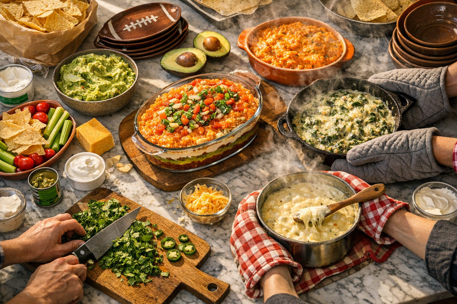 A behind-the-scenes overhead shot of a busy kitchen counter covered with multiple bowls of colorful dips in various stages of preparation - creamy guacamole with fresh avocado halves nearby, bright orange buffalo chicken dip, white queso with melted cheese being stirred, layered bean dip showing distinct colorful strata, and spinach artichoke dip bubbling in a cast iron skillet. Hands wearing oven mitts reach for hot dishes while other hands chop fresh cilantro and jalapeños on a wooden cutting board. The warm afternoon sunlight streams through a nearby window, casting natural shadows across the marble countertop. Football-shaped serving platters and ceramic bowls are stacked ready for use, surrounded by bags of tortilla chips, fresh vegetables for crudités, and ingredients like sour cream containers and cheese blocks. The scene captures the organized chaos of game day food preparation with steam rising from hot dishes and the authentic, slightly messy reality of cooking multiple appetizers simultaneously in a home kitchen.