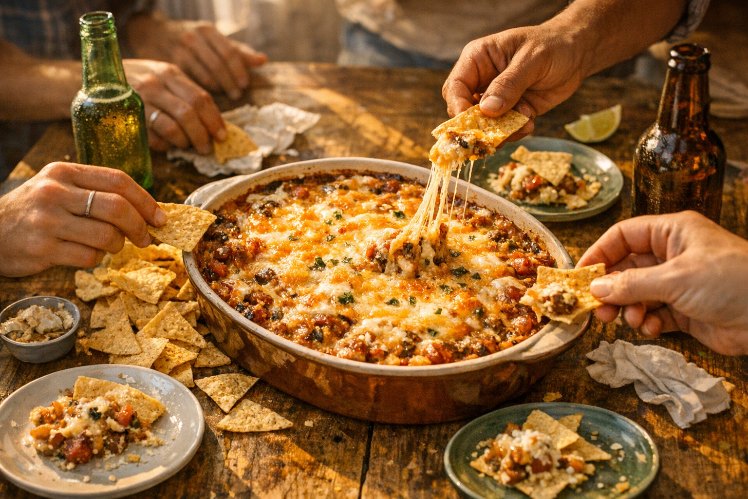 A warm, inviting overhead shot of a large ceramic baking dish filled with bubbling, golden-brown layered dip surrounded by scattered tortilla chips on a rustic wooden table, with multiple hands reaching in from different angles holding chips ready to scoop, captured in soft natural window light streaming across the scene. The creamy layers of the dip show melted cheese stretching as someone pulls away with a loaded chip, while several small plates with partially eaten servings sit around the main dish. The composition includes casual party elements like condensed water droplets on glass bottles, crumpled napkins, and the blurred suggestion of people gathered around in the background, creating an authentic game day gathering atmosphere with golden hour lighting casting warm shadows across the communal feast.