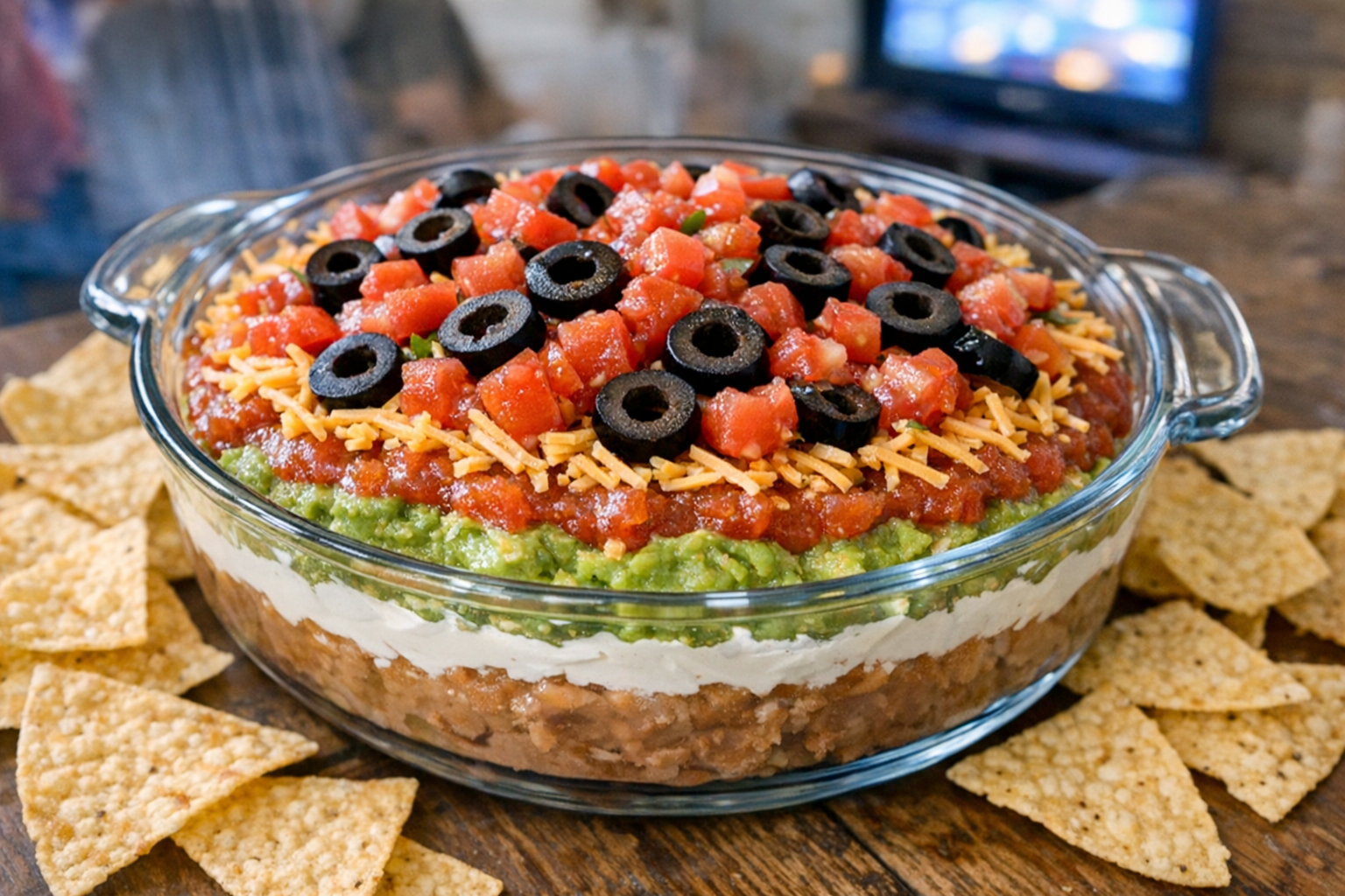 A close-up overhead shot of a large glass serving dish filled with a beautifully layered dip, showing seven distinct colorful strata including creamy refried beans, smooth sour cream, vibrant green guacamole, bright red salsa, shredded orange cheese, diced fresh tomatoes, and sliced black olives, surrounded by golden tortilla chips scattered on a rustic wooden table with soft natural window light casting gentle shadows, shot in authentic food photography style with a smartphone camera angle, casual home kitchen setting with blurred party guests and a television glowing in the background