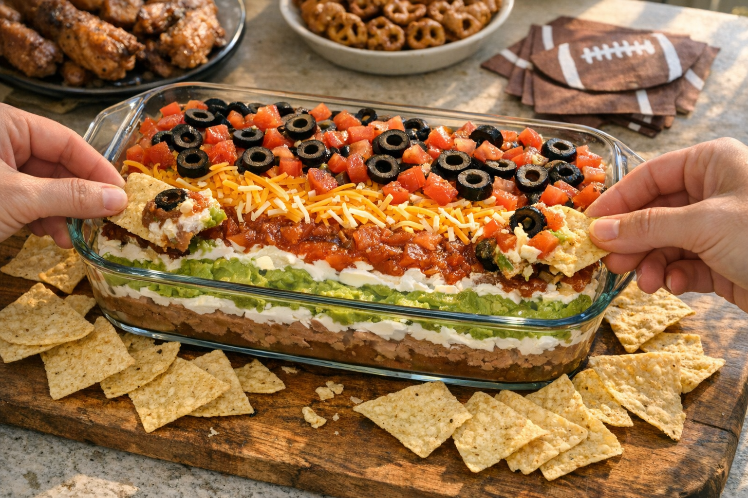 A bright, naturally-lit kitchen counter showcasing an elegant glass serving dish filled with a vibrant seven-layer dip, featuring distinct colorful strata of refried beans, guacamole, sour cream, salsa, shredded cheese, diced tomatoes, and sliced black olives. The dish is surrounded by scattered tortilla chips on a rustic wooden board, with hands reaching in from the sides to scoop the dip. Soft afternoon sunlight streams through a nearby window, casting warm shadows and highlighting the rich textures and colors of each layer. In the background, slightly out of focus, are other game day snacks on serving platters, football-themed napkins without any visible lettering, and the cozy atmosphere of a home gathering. The photo is taken from a overhead three-quarter angle, typical of food photography on social media, with authentic iPhone-quality resolution and natural color grading that emphasizes the appetizing layers and casual entertaining vibe.