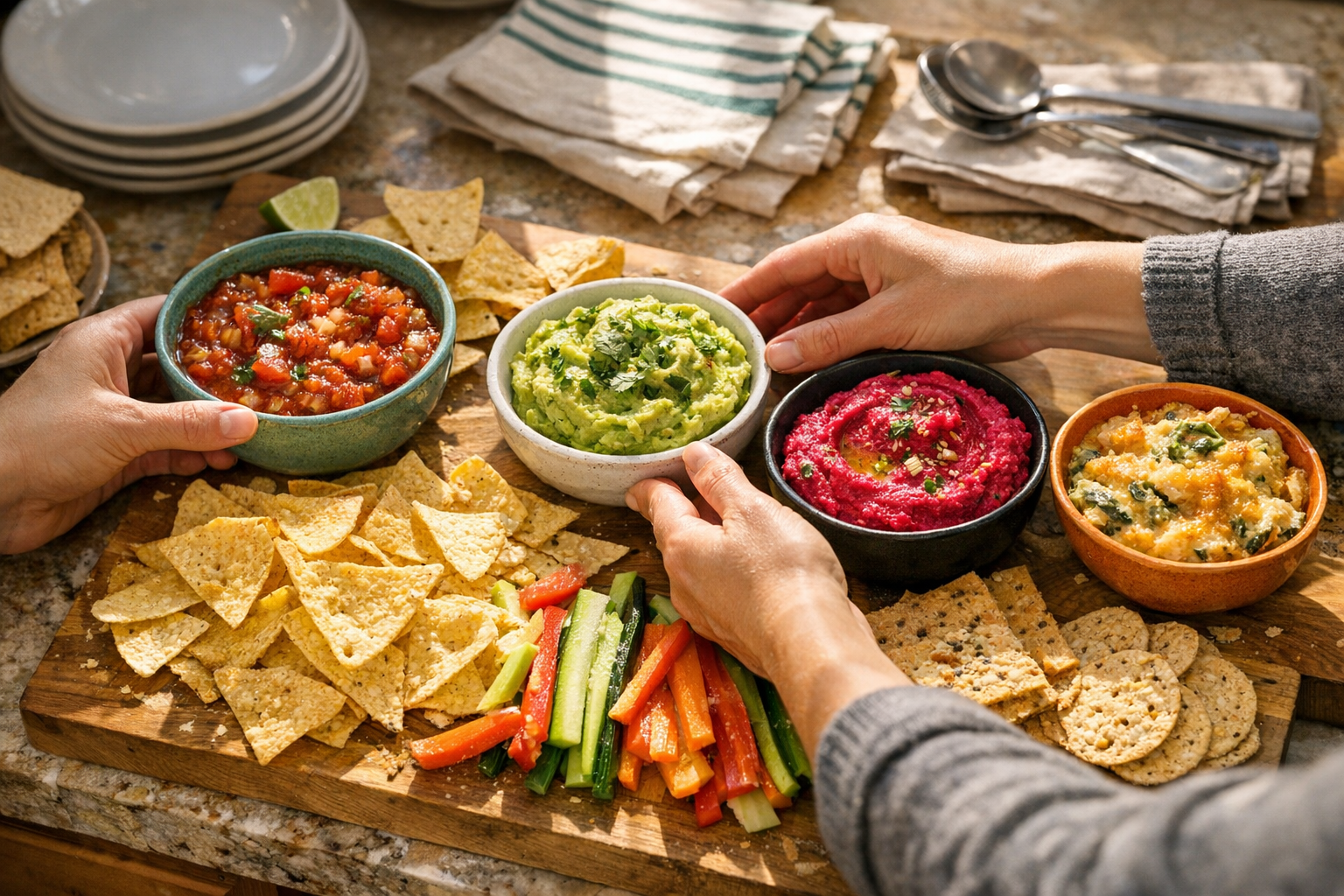 A candid overhead shot of a home kitchen counter during party preparation, showing hands arranging multiple ceramic bowls filled with colorful dips and appetizers, surrounded by tortilla chips, fresh vegetable crudités, and crackers scattered naturally across a wooden cutting board. Warm afternoon sunlight streams through a nearby window, casting soft shadows and creating an authentic, slightly chaotic scene of pre-party hosting energy. In the background, slightly out of focus, are stacked plates, napkins, and serving utensils, capturing the genuine moment of someone multitasking to prepare for guests arriving soon. The composition has that spontaneous, real-life quality of someone documenting their hosting journey on social media, with natural kitchen mess and authentic preparation in progress.