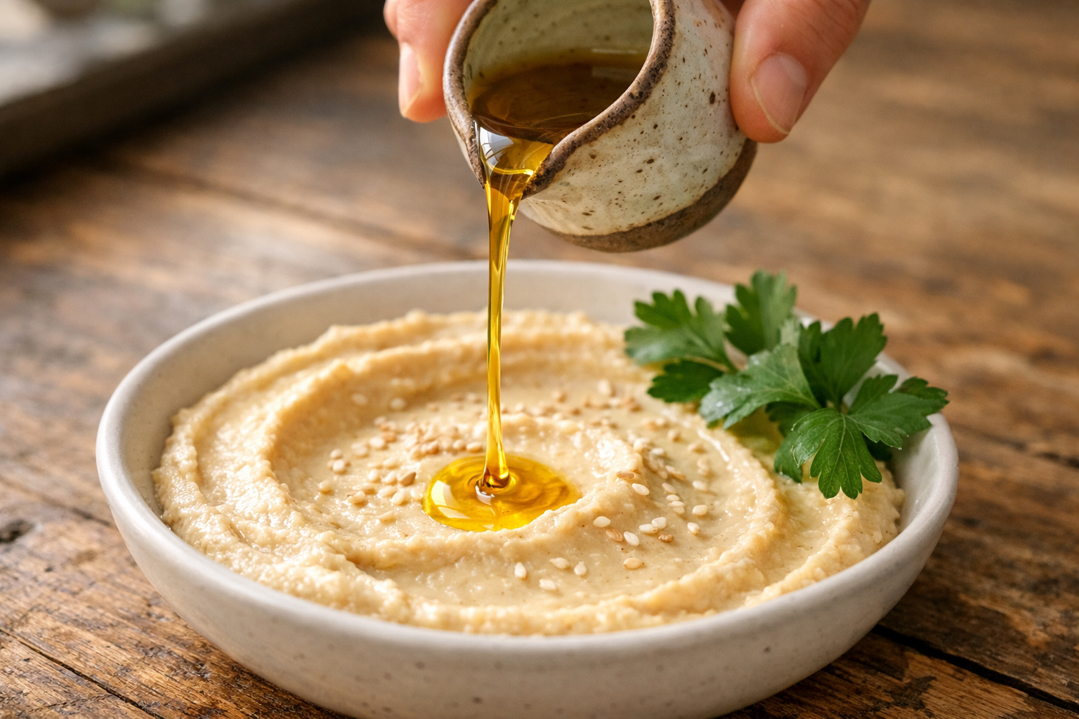 A close-up action shot of a person's hand tilting a small ceramic pitcher, pouring a thin golden stream of olive oil directly onto a smooth, pale hummus dip in a shallow white bowl, the oil catching natural afternoon light as it falls in a glistening arc. Mid-pour freeze capturing the liquid ribbon suspended in motion, with scattered sesame seeds already dotting the surface and a few fresh flat-leaf parsley leaves arranged nearby on the bowl's edge. Shot from a slightly elevated three-quarter angle on a worn wooden kitchen table, natural window light from the left creating soft shadows, the background softly blurred to emphasize the dynamic pour.