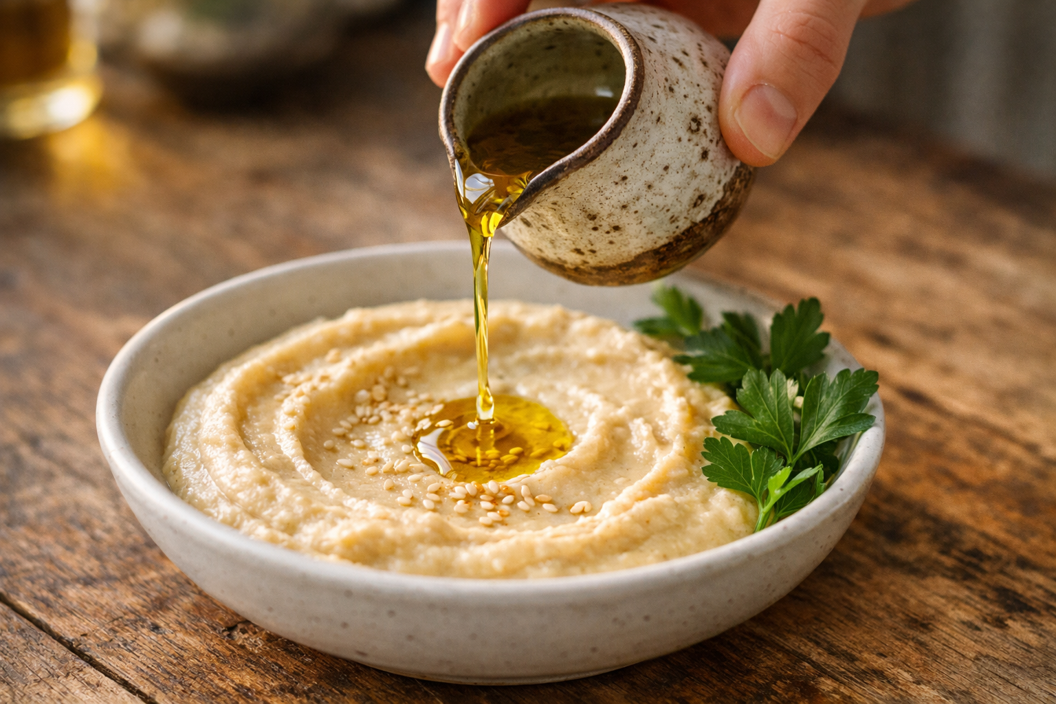 A close-up action shot of a person's hand tilting a small ceramic pitcher, pouring a thin golden stream of olive oil directly onto a smooth, pale hummus dip in a shallow white bowl, the oil catching natural afternoon light as it falls in a glistening arc. Mid-pour freeze capturing the liquid ribbon suspended in motion, with scattered sesame seeds already dotting the surface and a few fresh flat-leaf parsley leaves arranged nearby on the bowl's edge. Shot from a slightly elevated three-quarter angle on a worn wooden kitchen table, natural window light from the left creating soft shadows, the background softly blurred to emphasize the dynamic pour.