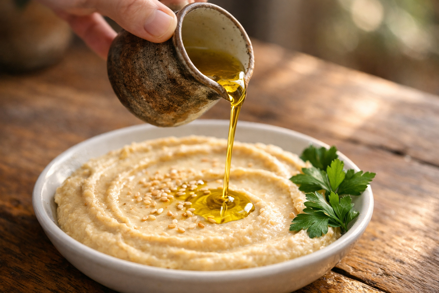 A close-up action shot of a person's hand tilting a small ceramic pitcher, pouring a thin golden stream of olive oil directly onto a smooth, pale hummus dip in a shallow white bowl, the oil catching natural afternoon light as it falls in a glistening arc. Mid-pour freeze capturing the liquid ribbon suspended in motion, with scattered sesame seeds already dotting the surface and a few fresh flat-leaf parsley leaves arranged nearby on the bowl's edge. Shot from a slightly elevated three-quarter angle on a worn wooden kitchen table, natural window light from the left creating soft shadows, the background softly blurred to emphasize the dynamic pour.