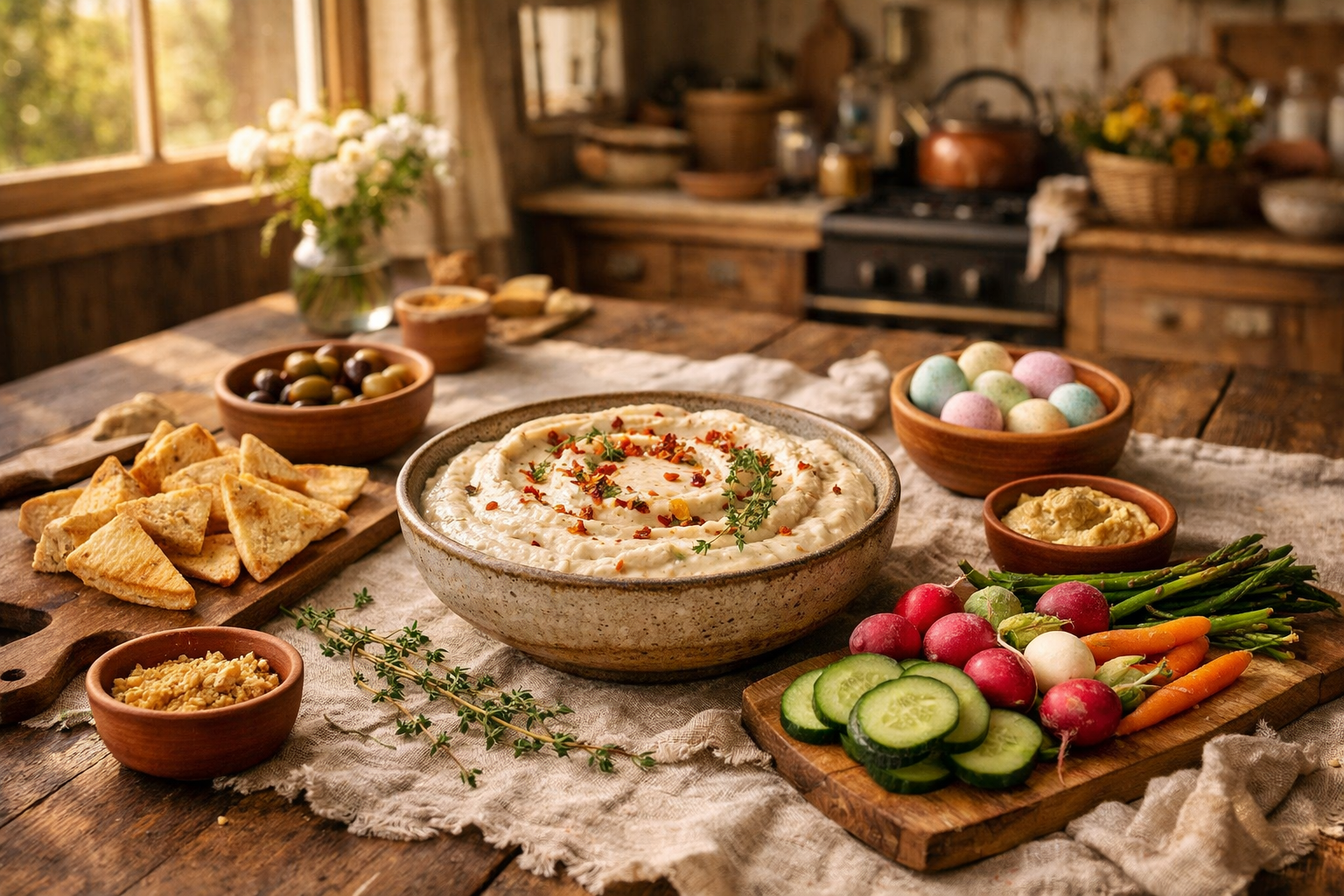 A wide shot of a rustic farmhouse kitchen table set for a spring Easter gathering, with a large ceramic bowl of creamy white bean dip centered on a linen-covered surface surrounded by scattered fresh thyme sprigs, dried red pepper flakes dusted across the top of the dip, small terracotta dishes, and olive wood serving boards fanned with pita and vegetables — the full table stretching into the background where warm afternoon light pours through an open window onto a cluttered but inviting kitchen counter, giving the whole scene a lived-in, convivial atmosphere with depth and scale that pulls the eye from the dip outward to the surrounding spring kitchen environment.